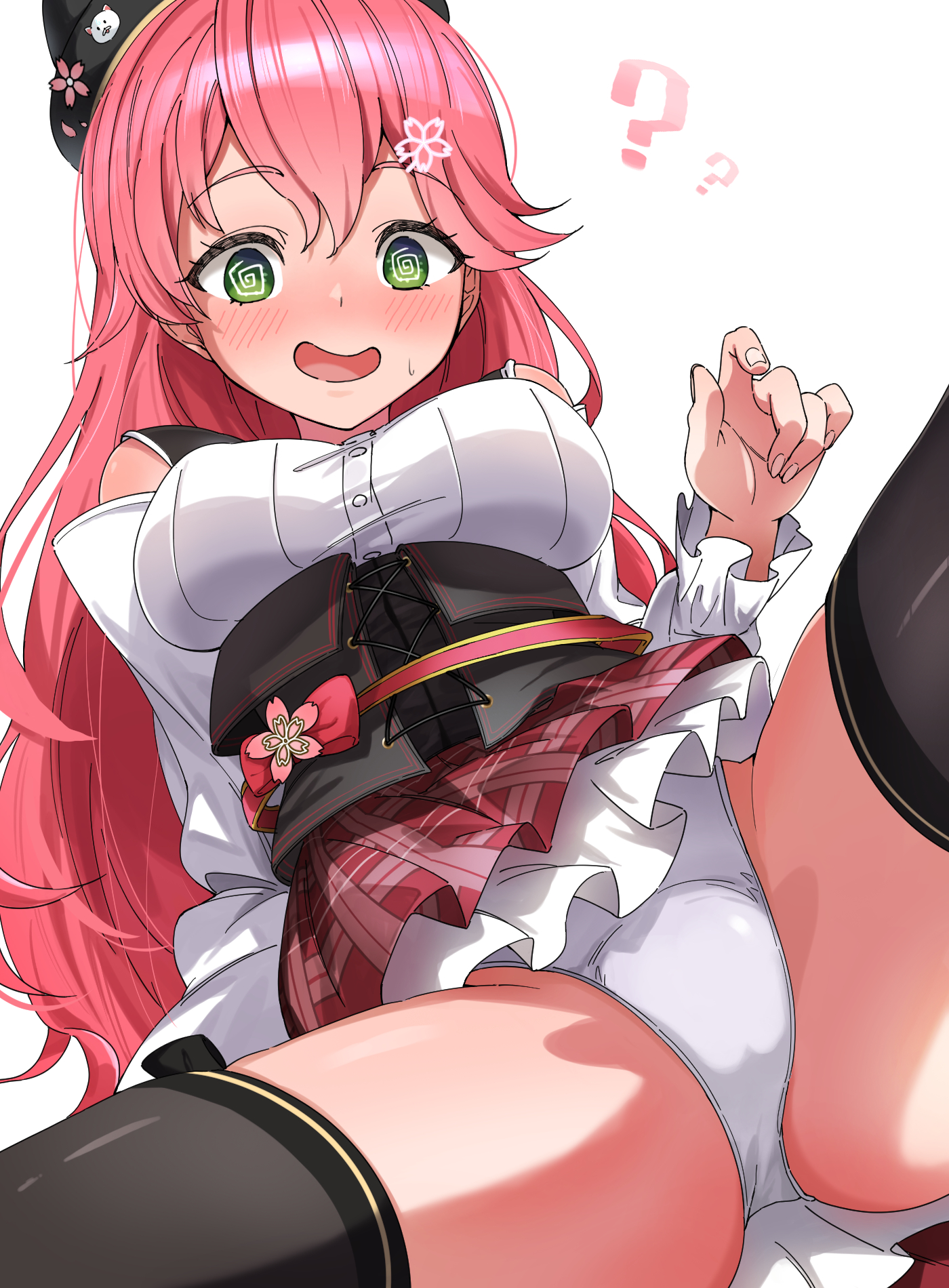 ?, ass visible through thighs, breasts, clueless, female, fingernails, fully clothed, hololive, hololive gen 0, hololive japan, huge breasts, hypnosis, oblivious, open legs, panties, sakura miko, spread legs, swirly eyes, thick thighs, virtual youtuber, wide hips