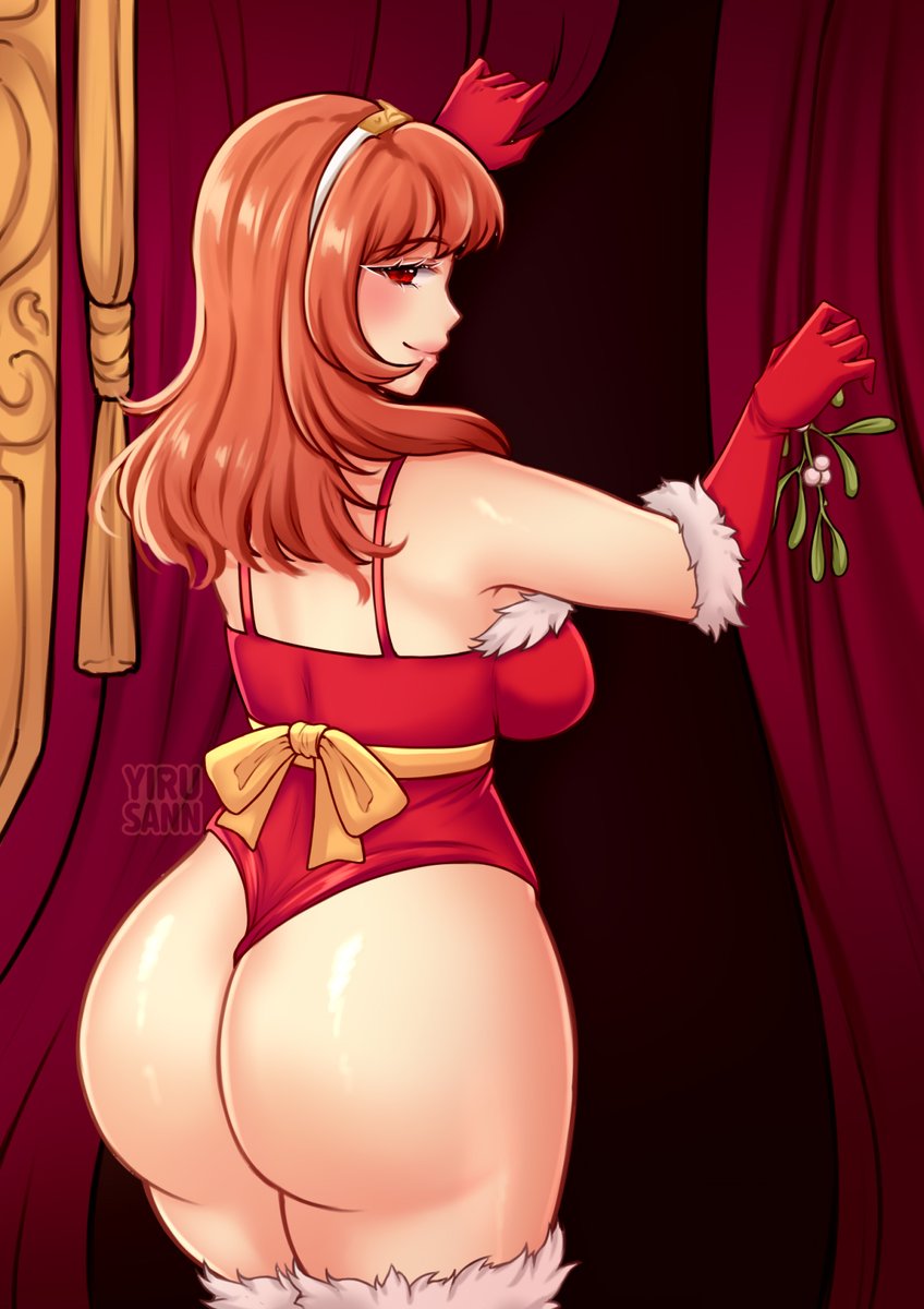 1girls alternate_costume ass ass_focus bare_shoulders big_ass blush breasts celica_(fire_emblem) christmas come_hither female female_only fire_emblem fire_emblem_echoes:_shadows_of_valentia from_behind gloves hairband huge_ass large_ass leotard light-skinned_female light_skin long_hair looking_at_viewer looking_back medium_breasts mistletoe naughty_face nintendo orange_hair pale-skinned_female pale_skin red_eyes sideboob smile solo thighhighs thong thong_leotard yirusann