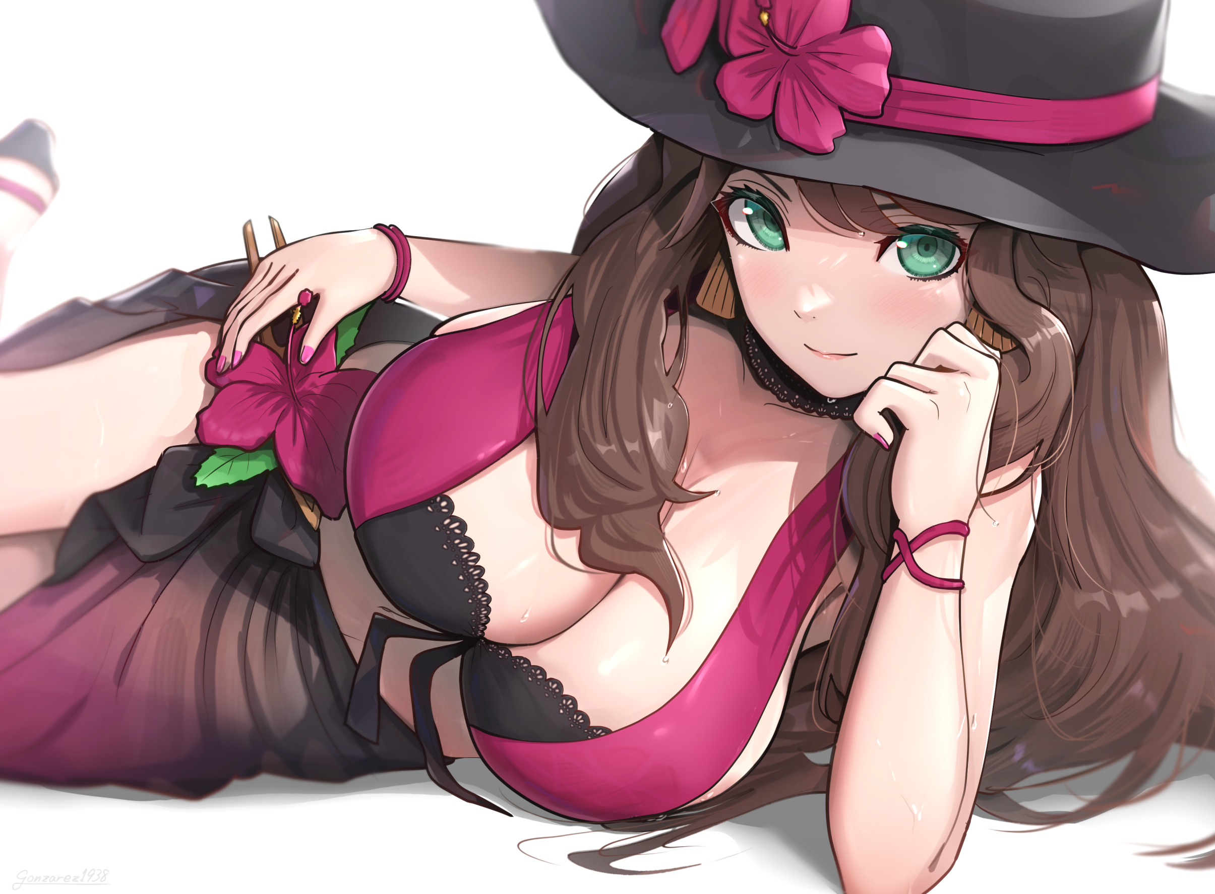 1girls, alternate costume, bikini, black headwear, bracelet, breasts, brown hair, choker, cleavage, closed mouth, commentary request, dorothea arnault, dorothea arnault (summer), earrings, elbow rest, female, female only, fire emblem, fire emblem heroes, fire emblem: three houses, flower, gonzarez, green eyes, hand on own cheek, hand on own face, hand on own hip, hat, hat flower, hibiscus, highres, jewelry, large breasts, long hair, looking at viewer, lying, nail polish, navel, nintendo, official alternate costume, on side, pink nails, purple nails, red wristband, revision, sarong, sideboob, smile, solo, sun hat, swimsuit, two-tone bikini, water drop, wet
