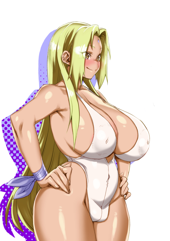 1girls, alternate costume, alternate version available, areolae visible through clothing, big breasts, blonde hair, blush, breasts, cleavage, clothing, female, female only, forehead jewel, hair, hands on hips, huge breasts, inverted nipples, konakona, long hair, mature, mature female, milf, naruto, naruto (series), smile, solo, solo female, swimsuit, swimwear, tsunade, white swimsuit, yellow eyes