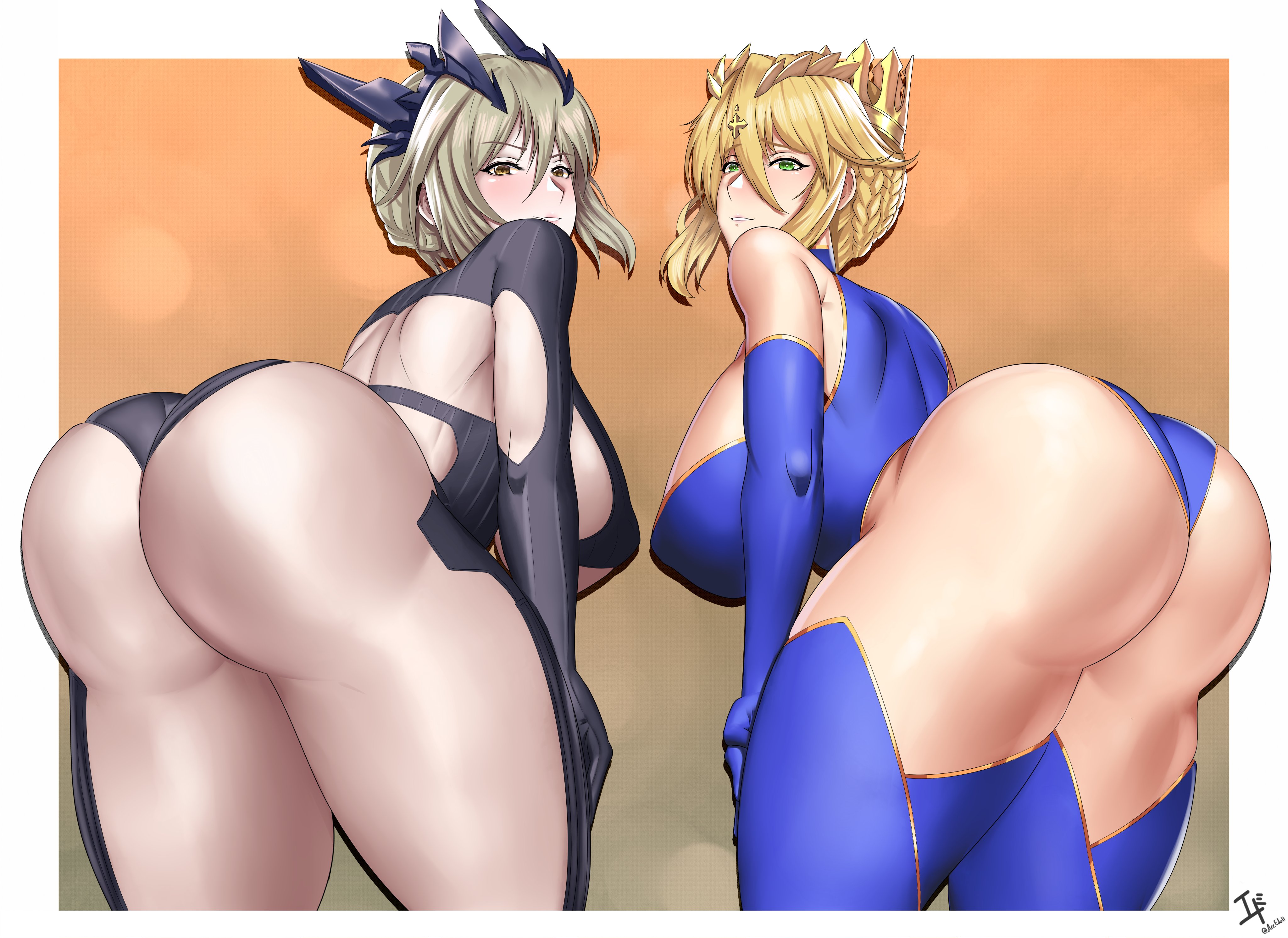 2girls, arcedo, artoria pendragon, artoria pendragon (lancer alter), artoria pendragon (lancer), ass, ass focus, big ass, blonde hair, breasts, duo, fat ass, fate (series), fate/grand order, female, female only, green eyes, hi res, highleg leotard, hips, huge ass, huge breasts, leotard, light skin, light-skinned female, long hair, multiple females, multiple girls, orange background, pale skin, pale-skinned female, simple background, thick thighs, thighs, wide hips, yellow eyes