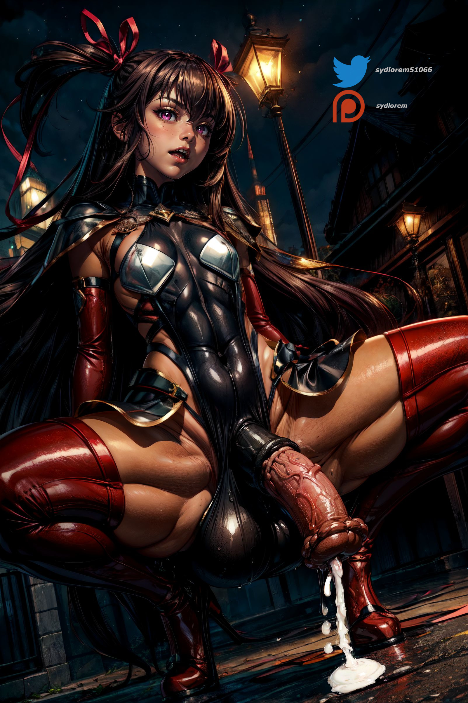 1futa, ai generated, balls, brown hair, cum, cum drip, flaccid, flaccid penis, futanari, hair ribbon, horse penis, horsecock, huge balls, huge cock, human with animal genitalia, human with horsecock, intersex, mizuki yukikaze, penis, pink eyes, squatting, stable diffusion, sydlorem, taimanin asagi, taimanin yukikaze