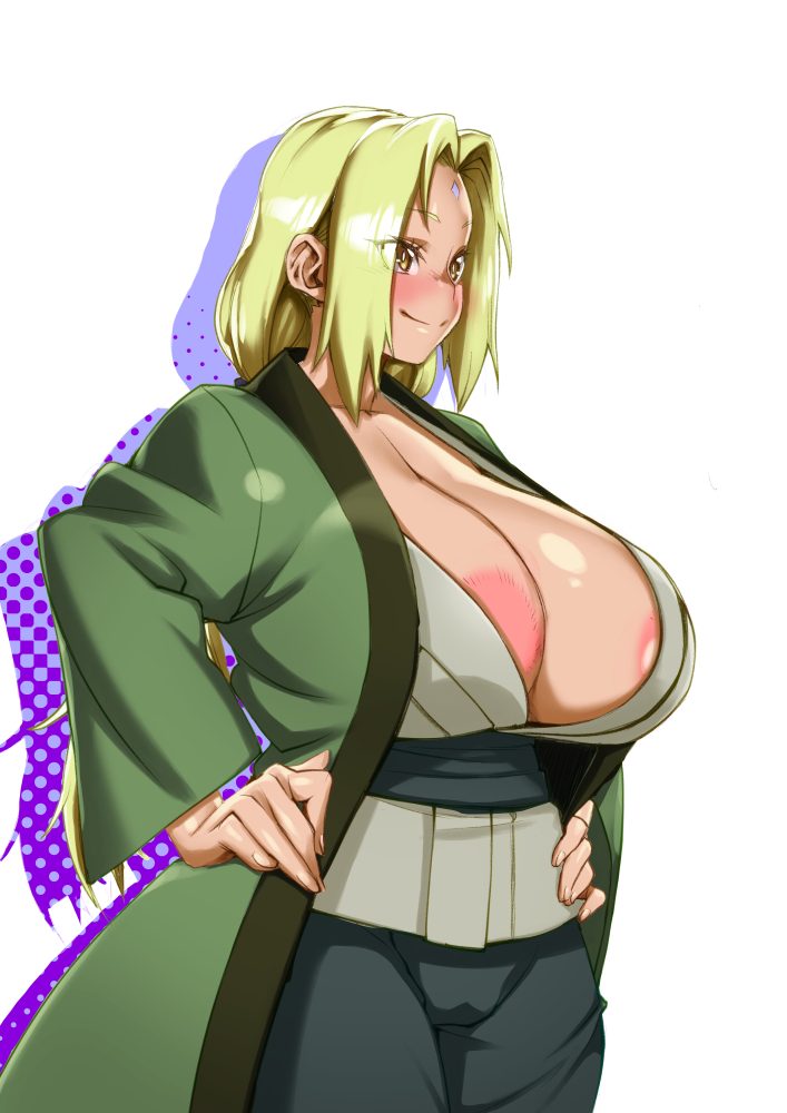 1girls, alternate version available, areola slip, areolae, big breasts, blonde hair, blush, breasts, cleavage, clothing, female, female only, forehead jewel, hair, hands on hips, huge breasts, konakona, mature, mature female, milf, naruto, naruto (series), smile, solo, solo female, tagme, tsunade, yellow eyes