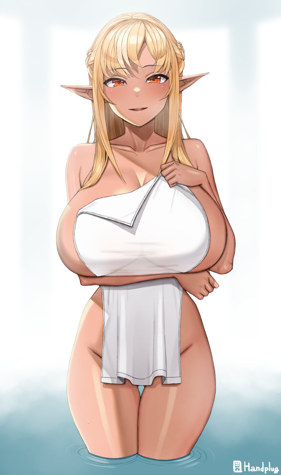 1girls 2023 artist_signature big_breasts blonde_hair breasts breath dark-skinned_female dark_skin elf elf_ears elf_female fantasy half_elf handplug hands_on_breasts hololive huge_breasts large_breasts looking_at_viewer massive_breasts naked_towel orange_eyes partially_submerged shiranui_flare smile smiling_at_viewer solo thighs towel towel_over_breasts virtual_youtuber voluptuous voluptuous_female water