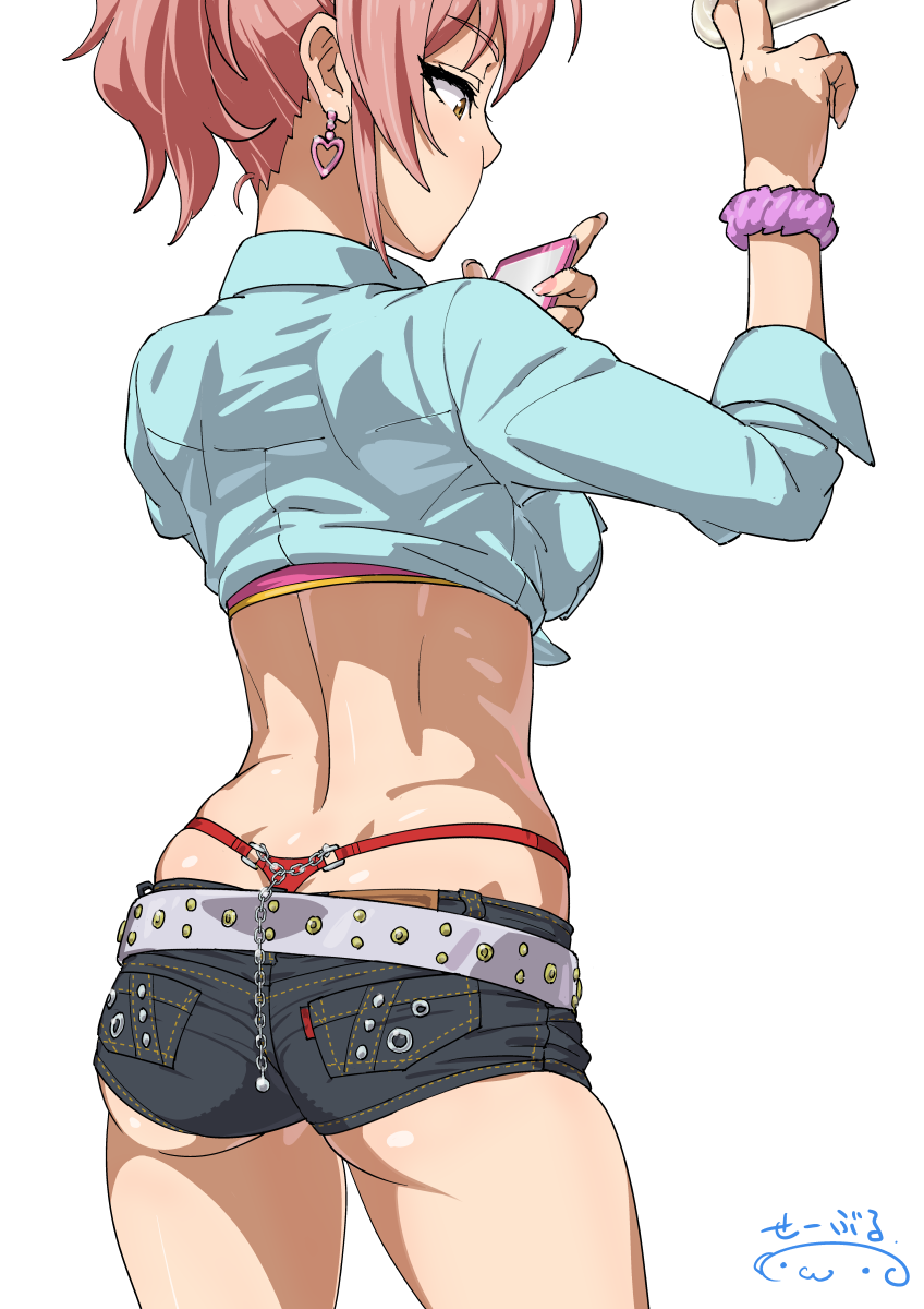 amber_eyes bare_midriff denim_shorts female_only gyaru heart_earrings hip_focus holding_bar idolmaster idolmaster_cinderella_girls jougasaki_mika long_hair looking_at_smartphone medium_breasts on_train pink_hair pink_nails pink_scrunchie ponytail shirt short_shorts shorts sidelocks simple_background solo_female suna thong thong_above_shorts thong_straps tied_shirt whale_tail white_background