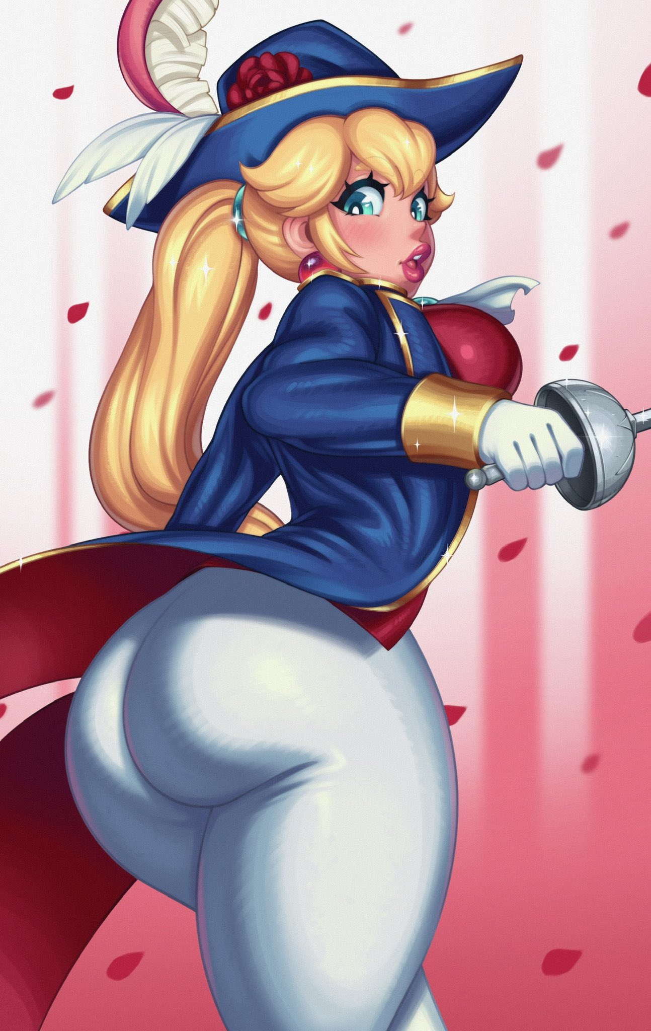 1girls 2023 2d ass ass_focus big_ass big_lips blonde_female blonde_hair blue_hat blush breasts clothed dat_ass dick_sucking_lips eyebrows_visible_through_hair fat_ass female female_only flatillustratorkhan fully_clothed gloves hat holding_object holding_sword holding_weapon howardk khan! large_ass light-skinned_female light_skin lips lipstick looking_back mario_(series) nintendo pants pink_lips pink_lipstick ponytail princess princess_peach princess_peach:_showtime! rapier rose rose_petals round_ass solo solo_female standing sword swordfighter_peach thick_lips thick_thighs thighs tied_hair tight_clothing tight_pants weapon white_gloves white_pants