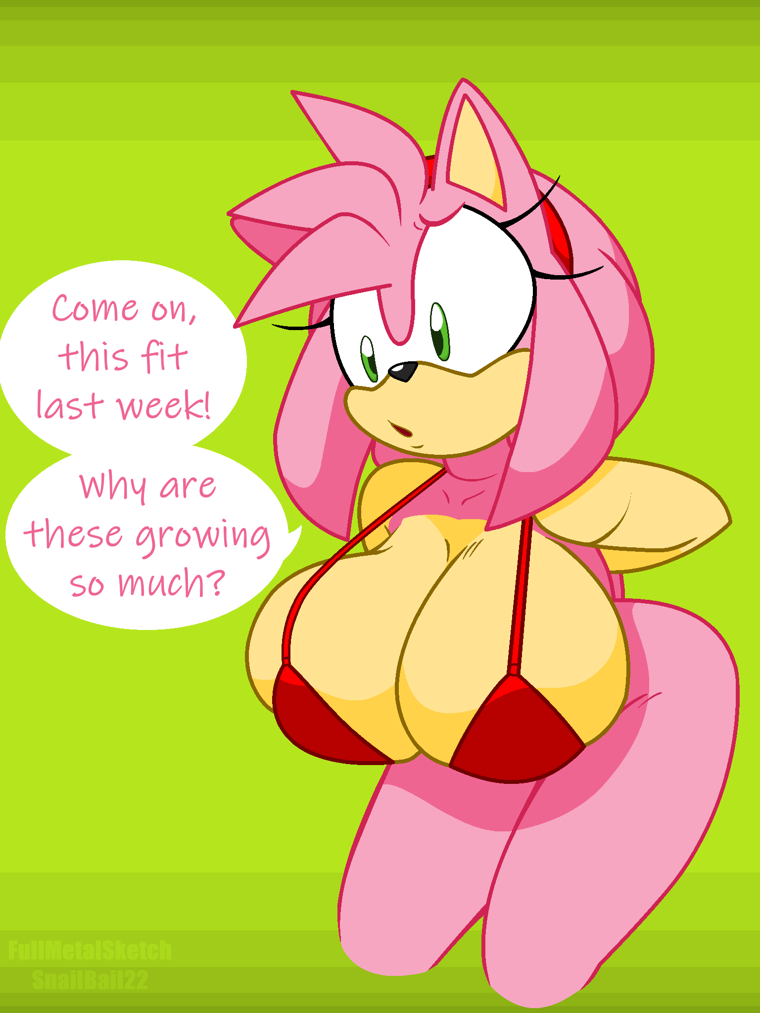 1girls amy_rose anthro big_breasts big_thighs bra breast_expansion breast_size_difference breasts cleavage clothed clothing english_text eulipotyphlan expansion female female_only fullmetalsketch green_eyes growth hairband hedgehog hi_res letterbox light_skin mammal pink_fur pink_hair red_hairband sega snailbail22 solo sonic_(series) sonic_the_hedgehog_(series) text text_bubble thick thick_hips thick_thighs underwear wide_hips worried