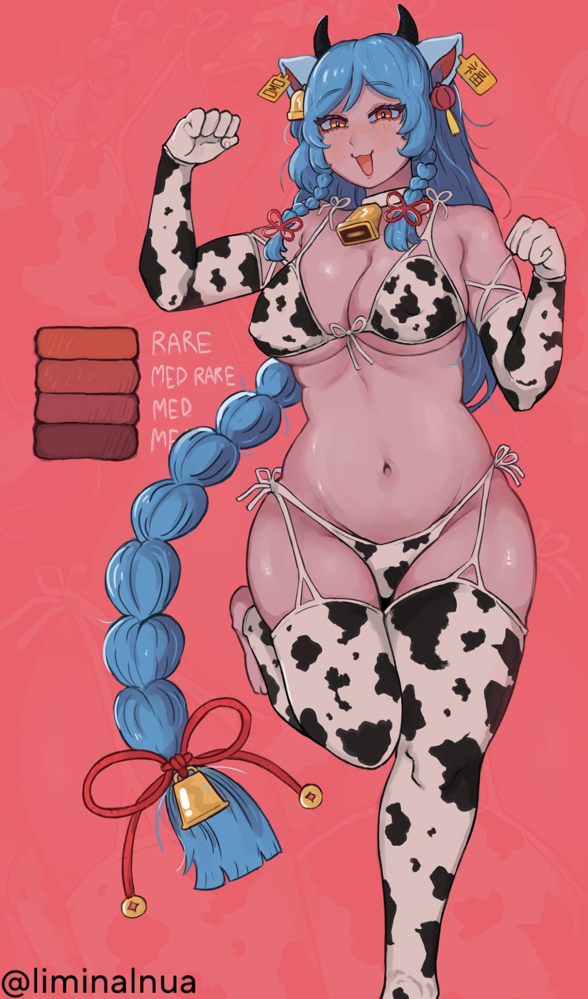 1girls, big breasts, bikini, breasts, cat ears, cat girl, catgirl, cow bikini, cow print, fake horns, female, female only, green hair, horns, liminalnua (artist), long hair, nipple bulge, omocat, omori, smile, thick thighs, thighhighs, virtual youtuber, yellow eyes