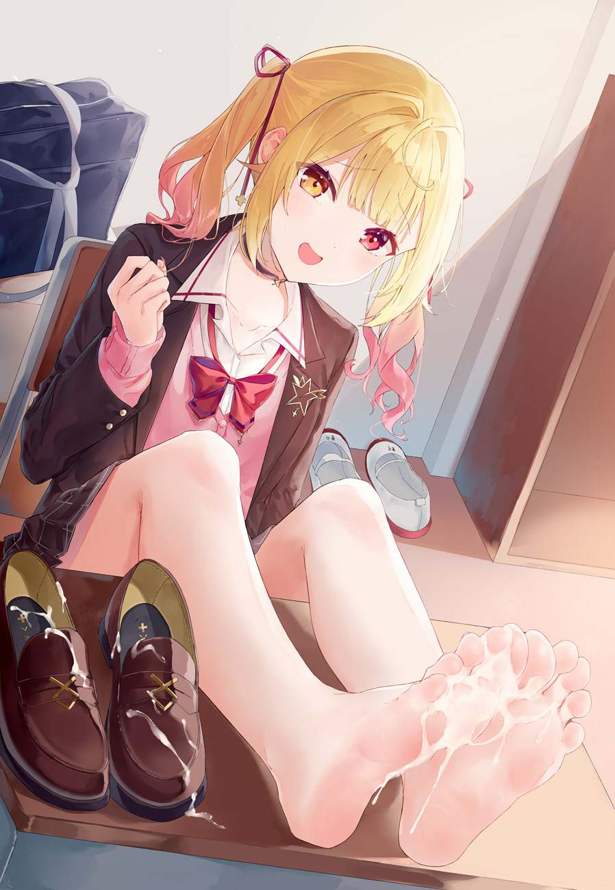 bare_legs barefoot black_choker black_serafuku blazer blonde_hair choker cum cum_in_shoe cum_on_body cum_on_clothes cum_on_feet feet female foot_focus footwear_fetish hair_ribbon highres hoshikawa_sara hoshikawa_sara_(4th_costume) jacket kou_futoshi legs legs_together long_hair long_sleeves looking_at_viewer nijisanji open_mouth paid_reward_available red_eyes ribbon school_uniform serafuku shoes shoes_removed side_ponytail skirt soles toenails toes uniform virtual_youtuber yellow_eyes