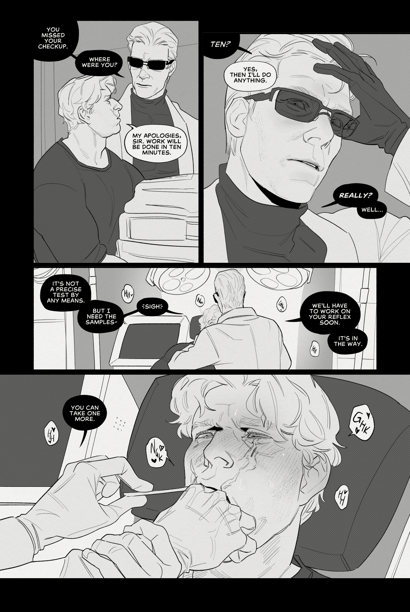 albert wesker, comic, doctor, doctor on patient, fingers, fingers in mouth, francishsie, jack krauser, male, male only, male/male, monochrome, resident evil, resident evil 4, resident evil 4 remake, tagme