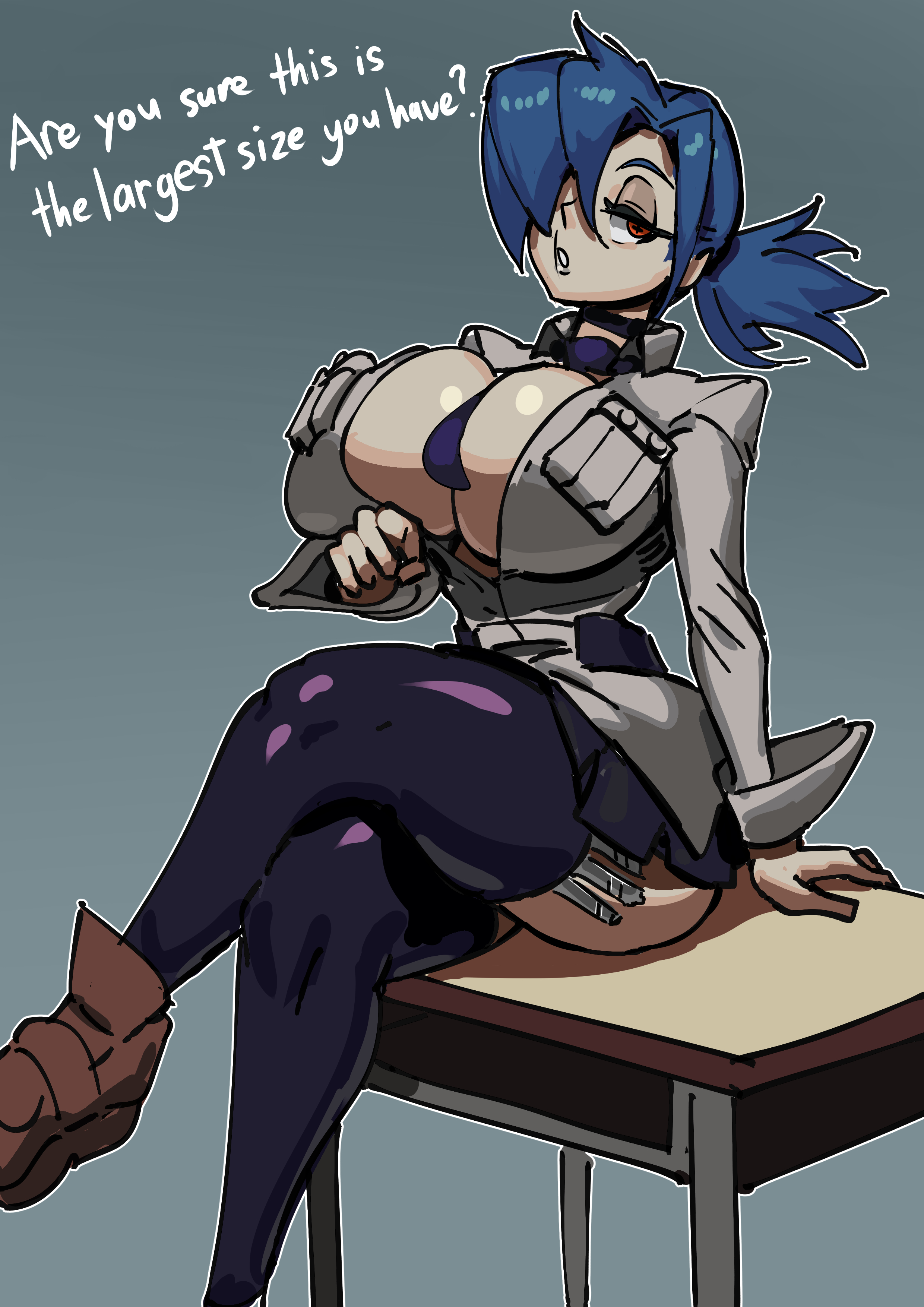1girls, bathsalts1, big breasts, black thighhighs, blue hair, breasts, cleavage, cosplay, english, english text, female, female only, filia (skullgirls), filia (skullgirls) (cosplay), footwear, hair, hair over one eye, half-closed eyes, huge breasts, legwear, necktie between breasts, neckwear, red eyes, skullgirls, solo, solo female, text, thick thighs, thighhighs, thighs, valentine (skullgirls)