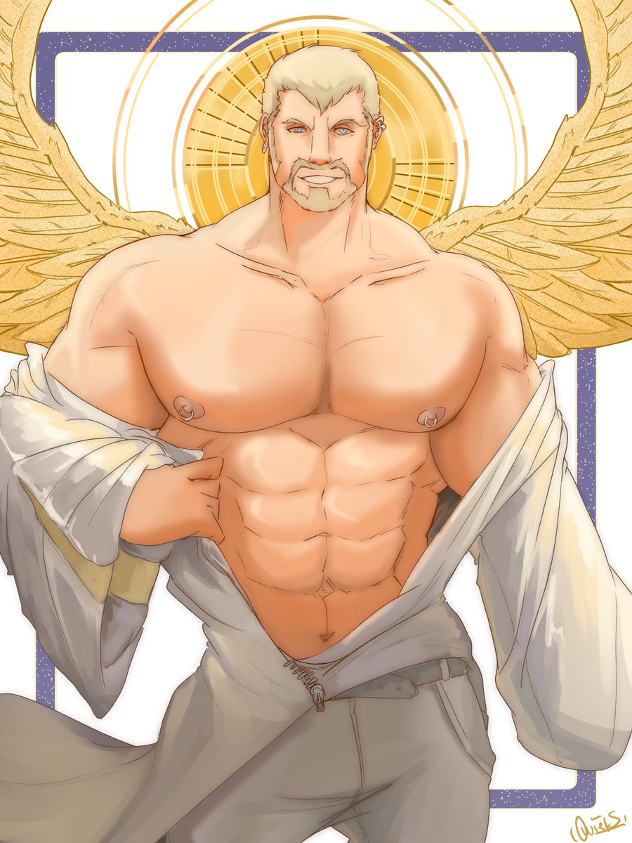 bara blonde_hair card facial_hair kingdom_hearts luxord male male_only muscles muscular nipple_piercing nobody_(kingdom_hearts) organization_xiii playing_card quietscrappy solo solo_male undressing wings