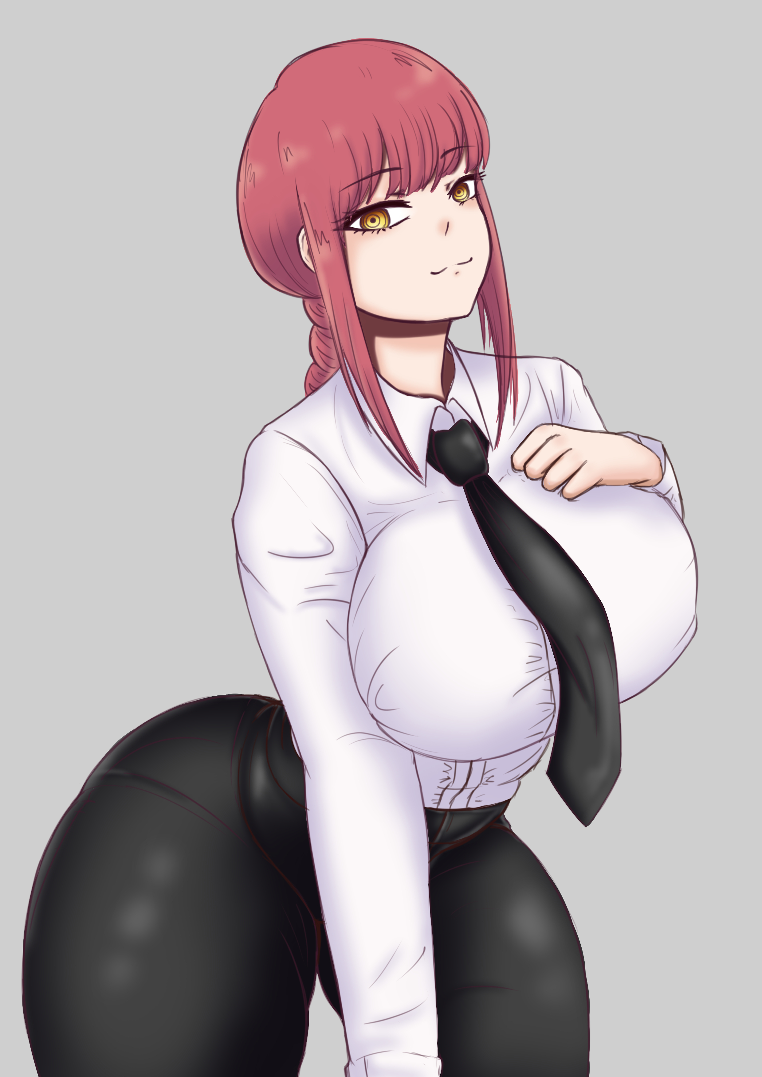 1girls, big breasts, black pants, bottomwear, braid, breasts, chainsaw man, female, female only, hair, happykon, hips, huge breasts, makima (chainsaw man), necktie, neckwear, pants, red hair, shirt, solo, solo female, thighs, topwear, white shirt, wide hips, yellow eyes