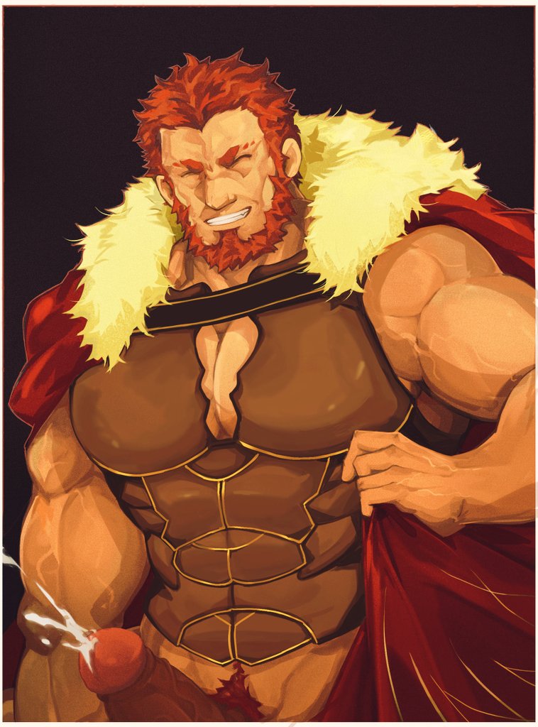 balls bara beard bighaozi boner closed_eyes cum erection facial_hair fate_(series) iskandar_(fate) male male_only muscles muscular orgasm penis red_hair solo solo_male