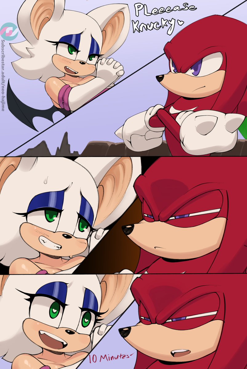 1boy, 1girls, anthro, bat, begging, chiropteran, echidna, english dialogue, english text, female, knuckles the echidna, male, male anthro, mobian (species), neo hajime, rouge the bat, smile, sonic (series), sonic the hedgehog (series), tagme