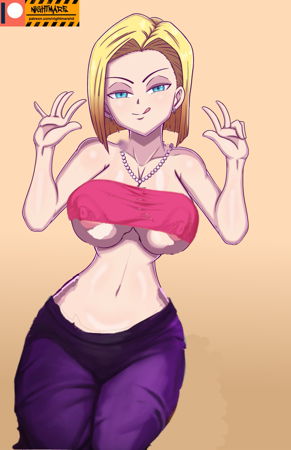 android_18 blonde_female blonde_hair blue_eyes caulifla_(cosplay) clothing cosplay dragon_ball neckwear nightmare_hdraw no_bra no_bra_under_clothes see_through_clothing see_through_shirt sweatpants