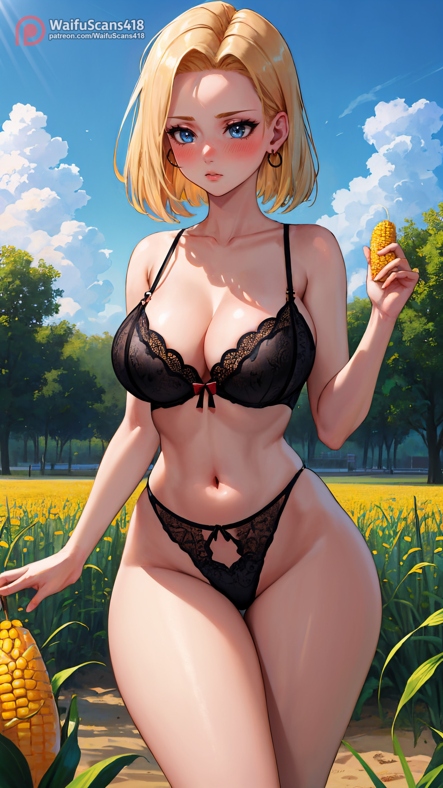 ai generated, android 18, blonde hair, blue eyes, breasts, dragon ball, female, lingerie, stable diffusion, waifuscans418