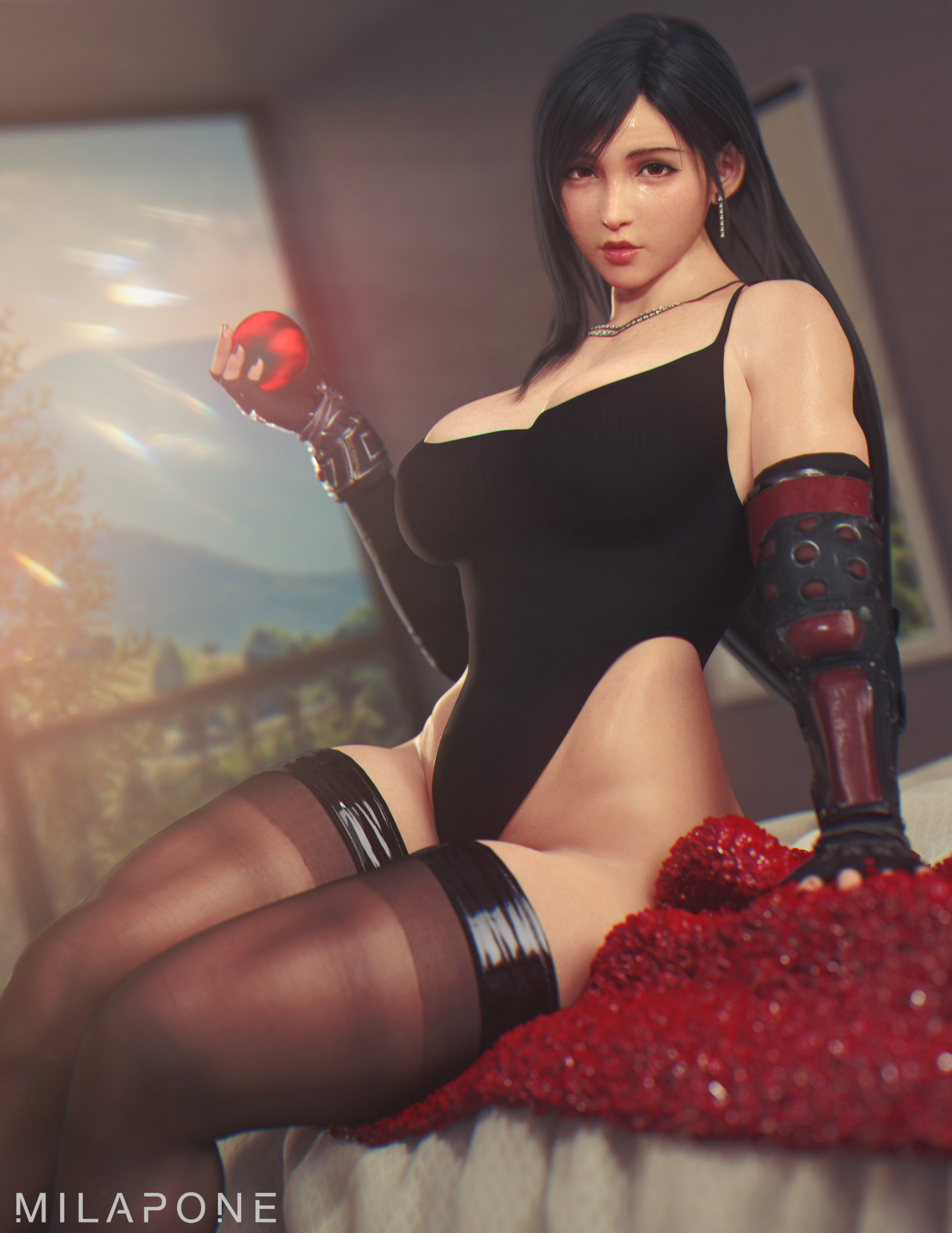 1girls, 3d, abs, absurd res, ass, big ass, big breasts, black hair, breasts, bubble ass, bubble butt, cleavage, clothing, female, female focus, female only, final fantasy, final fantasy vii, final fantasy vii remake, hi res, huge breasts, large breasts, leotard, light skin, light-skinned female, lipstick, looking at viewer, milapone, muscle tone, muscles, muscular, muscular arms, muscular ass, muscular back, muscular female, muscular legs, muscular thighs, pale skin, pale-skinned female, red eyes, smooth skin, solo, solo female, square enix, stockings, thick thighs, tifa lockhart, toned, toned female, wide hips