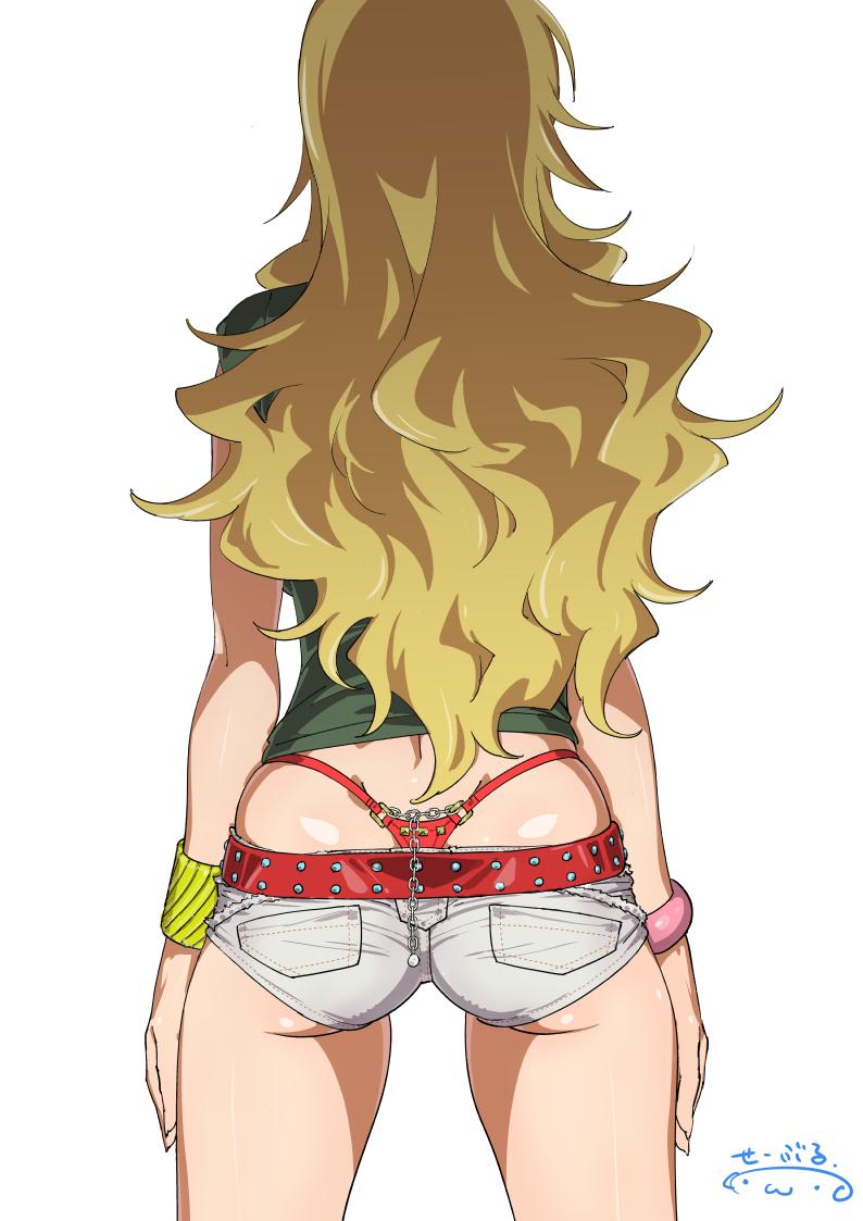 1girls arms_at_sides ass asymmetrical_armwear back_view belt blonde_hair bracelet chains female female_only from_behind green_t-shirt hoshii_miki idolmaster jean_shorts light-skinned_female long_hair rear_view red_belt red_thong short_shorts shorts solo studded_belt suna thick_hair thong thong_above_shorts tight_butt whale_tail