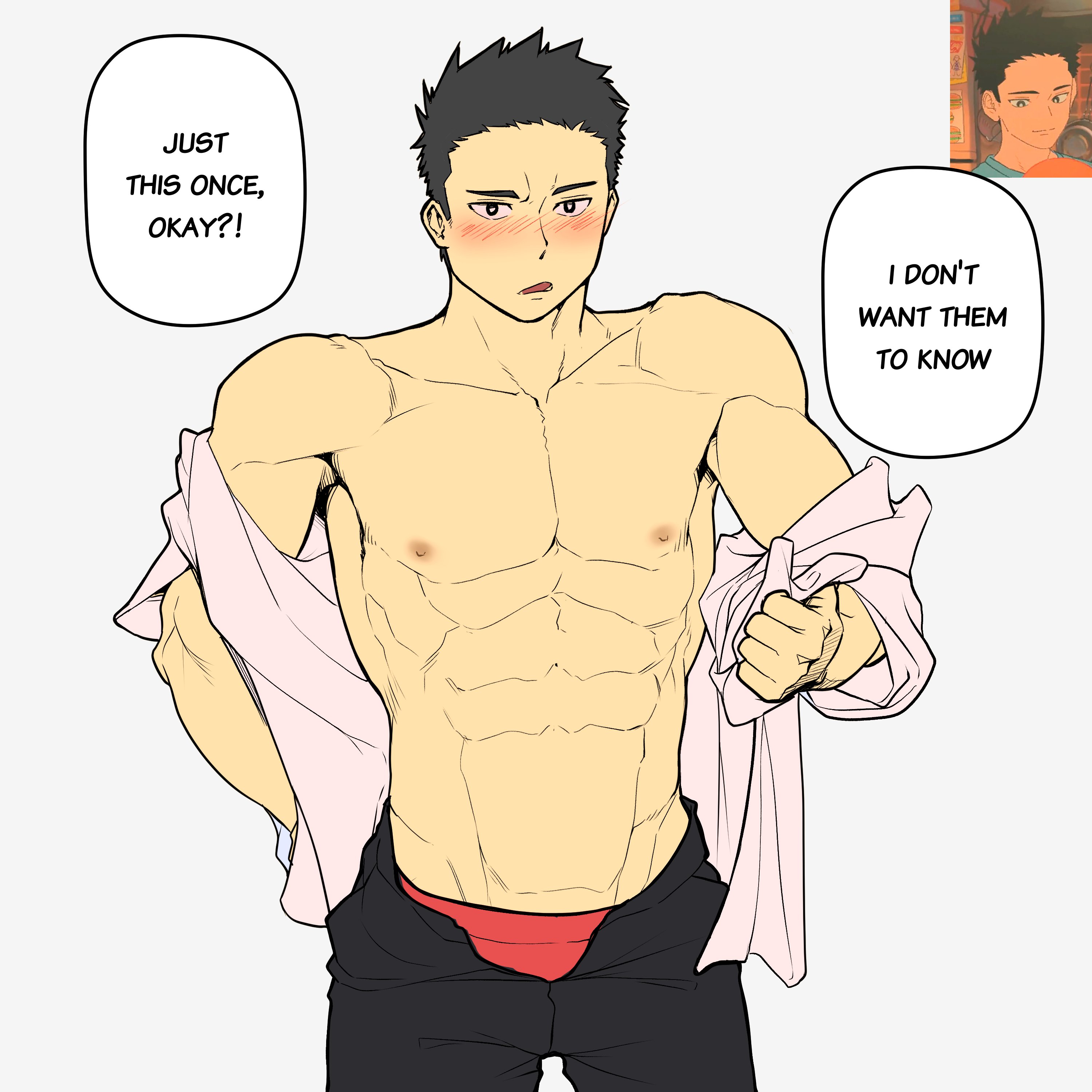 ?!, 1boy, abs, asian, asian male, athletic, athletic male, before sex, biceps, black eyes, black hair, blush, blushing, boxers, cheating, cheating husband, dad (japanese mcdonald's commercial), dialogue, dilf, embarrassed, english text, eyes, father, gay, looking at viewer, male, male only, mcdonald's, muscles, muscular, muscular male, nipples, no visible genitalia, open eyes, open mouth, open pants, open shirt, pants, red panties, red underwear, reference image, riegaiestige, shirt, short hair, short-haired male, standing, straight to gay, text, underwear, undressing, white background, yaoi, yoru mac