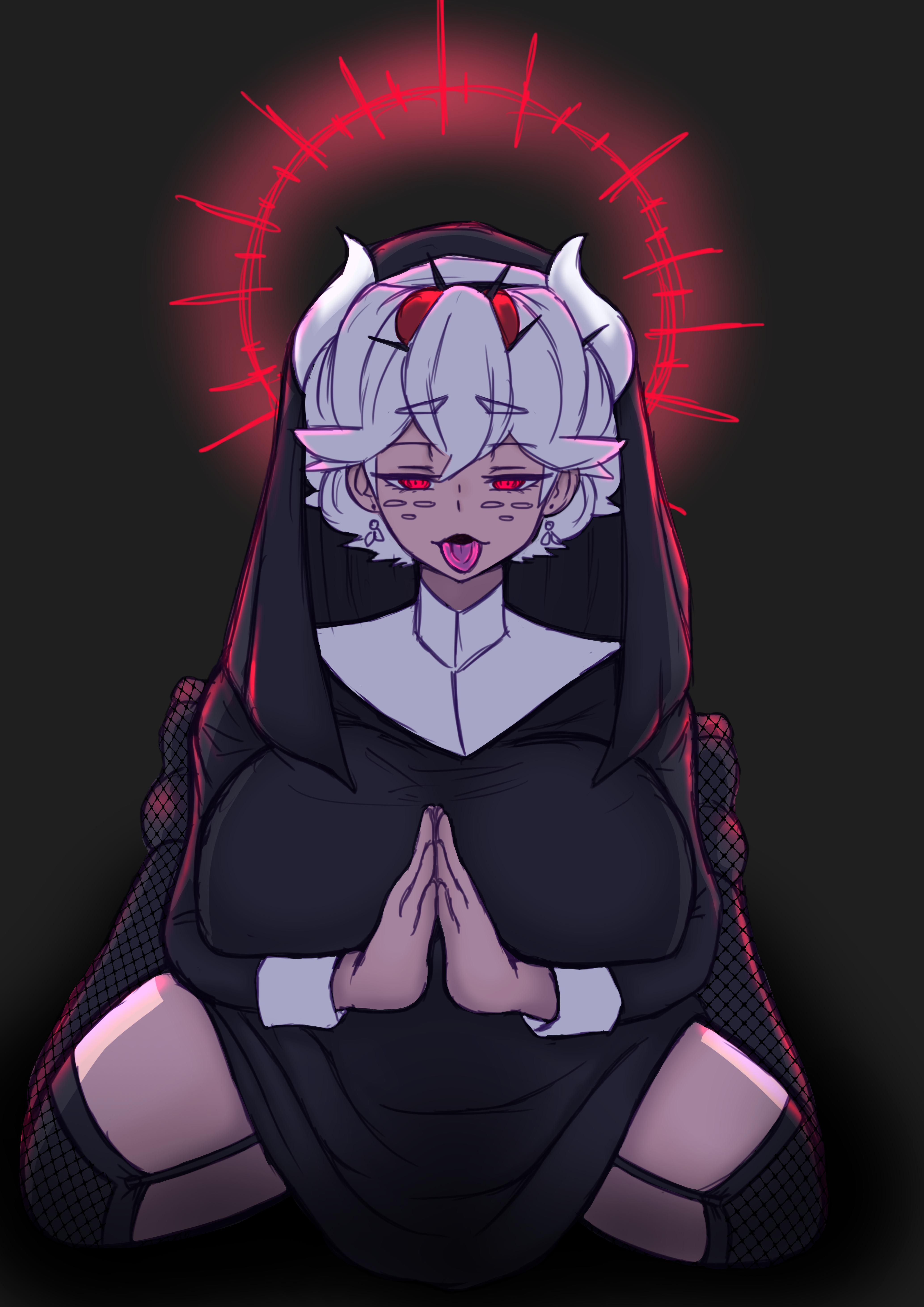 1girls, beelzebub (helltaker), big breasts, breasts, demon, demon girl, demon horns, ear piercing, earrings, female, female only, fishnet, fishnet legwear, fishnets, garter straps, hair, happykon, helltaker, horns, huge breasts, legwear, looking at viewer, nun, nun hat, nun outfit, nun's habit, short hair, solo, solo female, thighhighs, thighs, tongue, tongue out, white hair