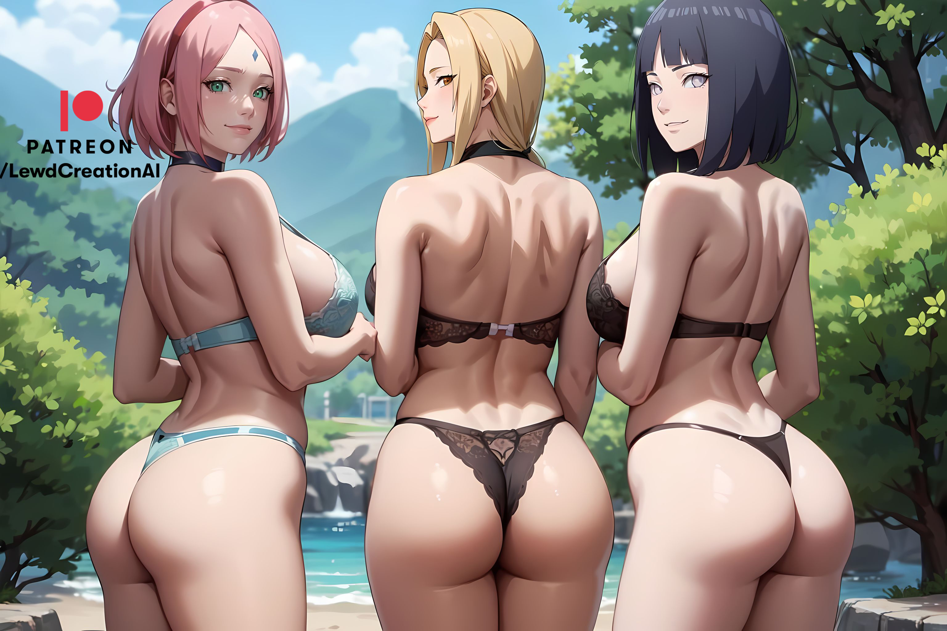 3girls, ai generated, ass, ass focus, back, back view, big breasts, black hair, blonde female, blonde hair, blonde-haired female, blush, blush lines, boruto: naruto next generations, breasts, cameltoe, cleavage, cleavage overflow, female, female only, forehead gem, forehead jewel, forehead mark, from behind, green eyes, grey eyes, haruno sakura, huge breasts, hyuuga hinata, large breasts, lewdcreationsai, lingerie panties, looking at viewer, looking back, looking back at viewer, multiple females, multiple girls, naruto, naruto (classic), naruto (series), naruto shippuden, naruto: the last, navel, outdoors, pink hair, pussy, sakura haruno, smile, smirk, smirking, smirking at viewer, thick ass, thick legs, thick thighs, thighs, tsunade, uchiha sakura, uzumaki hinata, white eyes