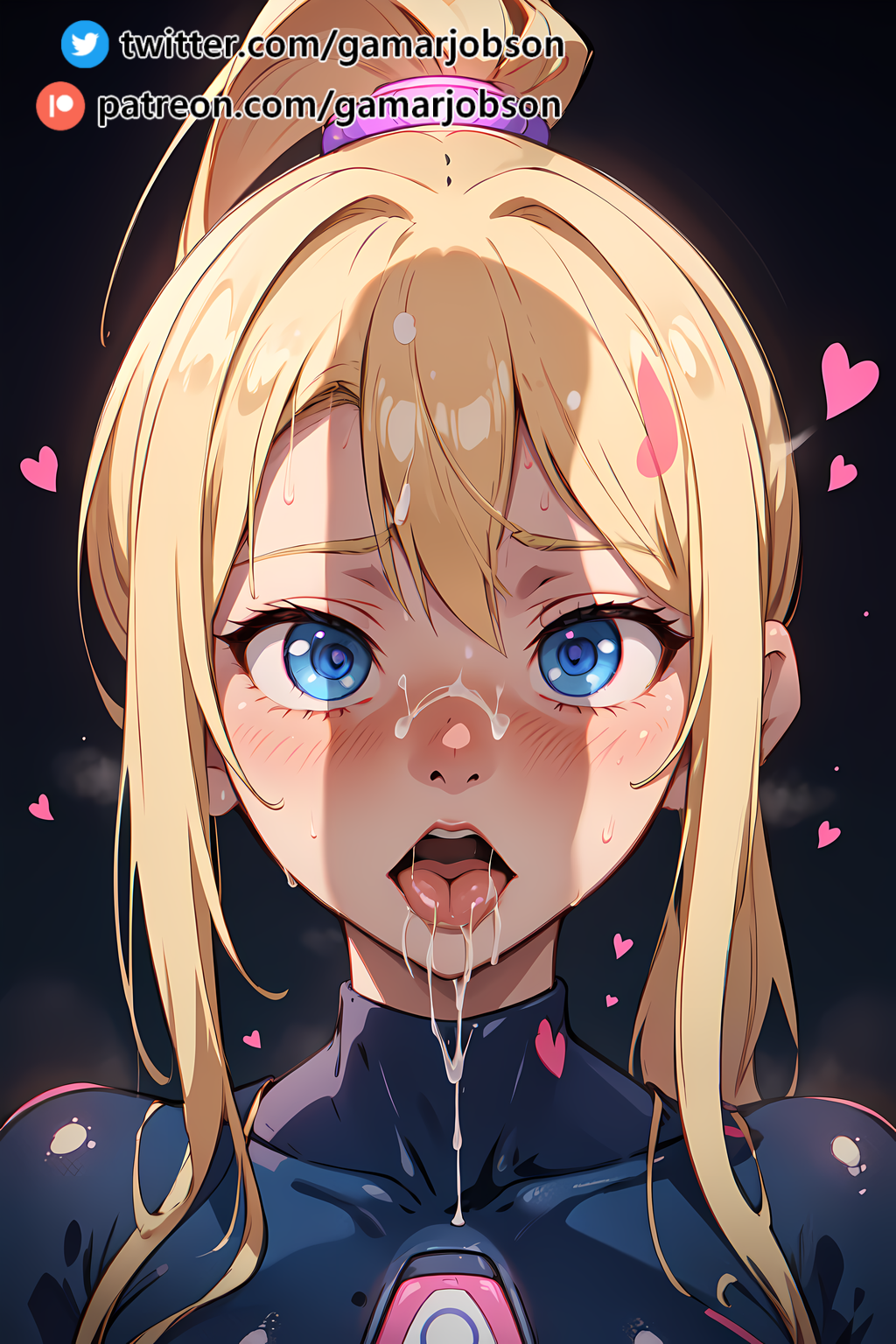 after oral, ai generated, blonde hair, cute, female, gamarjobson, heart, hypnosis, male, metroid, nintendo, oral, penis, penis shadow, petite, ponytail, samus aran, teenager, tongue, tongue out, zero suit samus
