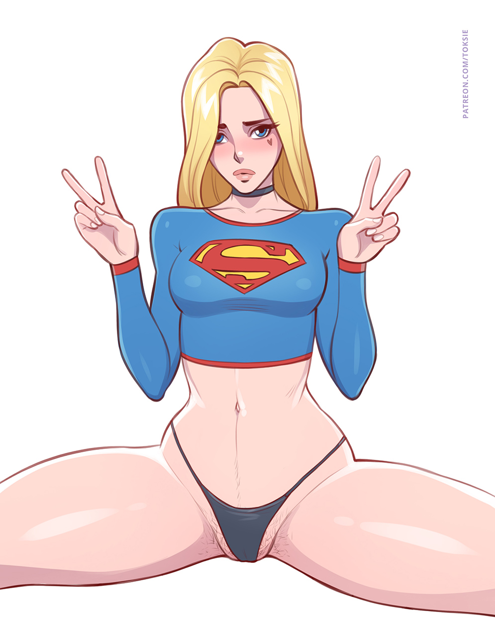 1girls, 2023, 2d, bare midriff, big breasts, blonde female, blonde hair, blue eyes, breasts, cameltoe, choker, curvy, dc, dc comics, female, female only, front view, heart, heart tattoo, kara zor-el, legs apart, light skin, light-skinned female, looking at viewer, looking pleasured, midriff, midriff baring shirt, navel, panties, peace sign, pubic hair, pussy, revealing clothes, shirt, simple background, solo, solo female, spread legs, supergirl, superheroine, superman (series), tattoo, thighs, tight clothing, toksie, v sign, white background