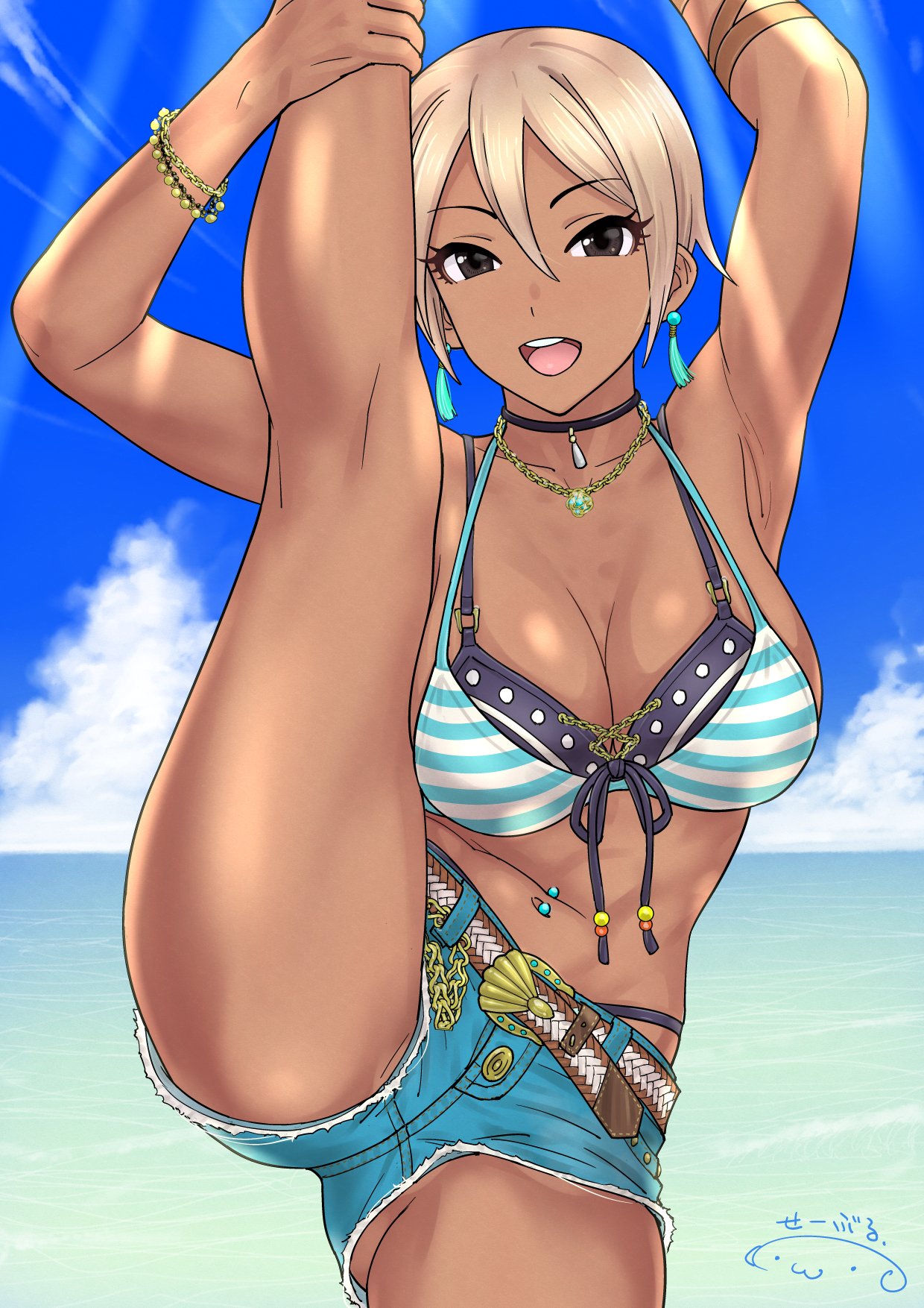 beach bikini_under_shorts blonde_hair cheerleading_pose choker crotch_focus cutoffs dark_eyes denim_shorts double_bikini idolmaster idolmaster_cinderella_girls large_breasts leg_up looking_at_viewer navel_piercing open_mouth pierced_navel shiomi_syuko short_hair short_shorts shorts suna suntan tan tanned tanned_girl tanned_skin