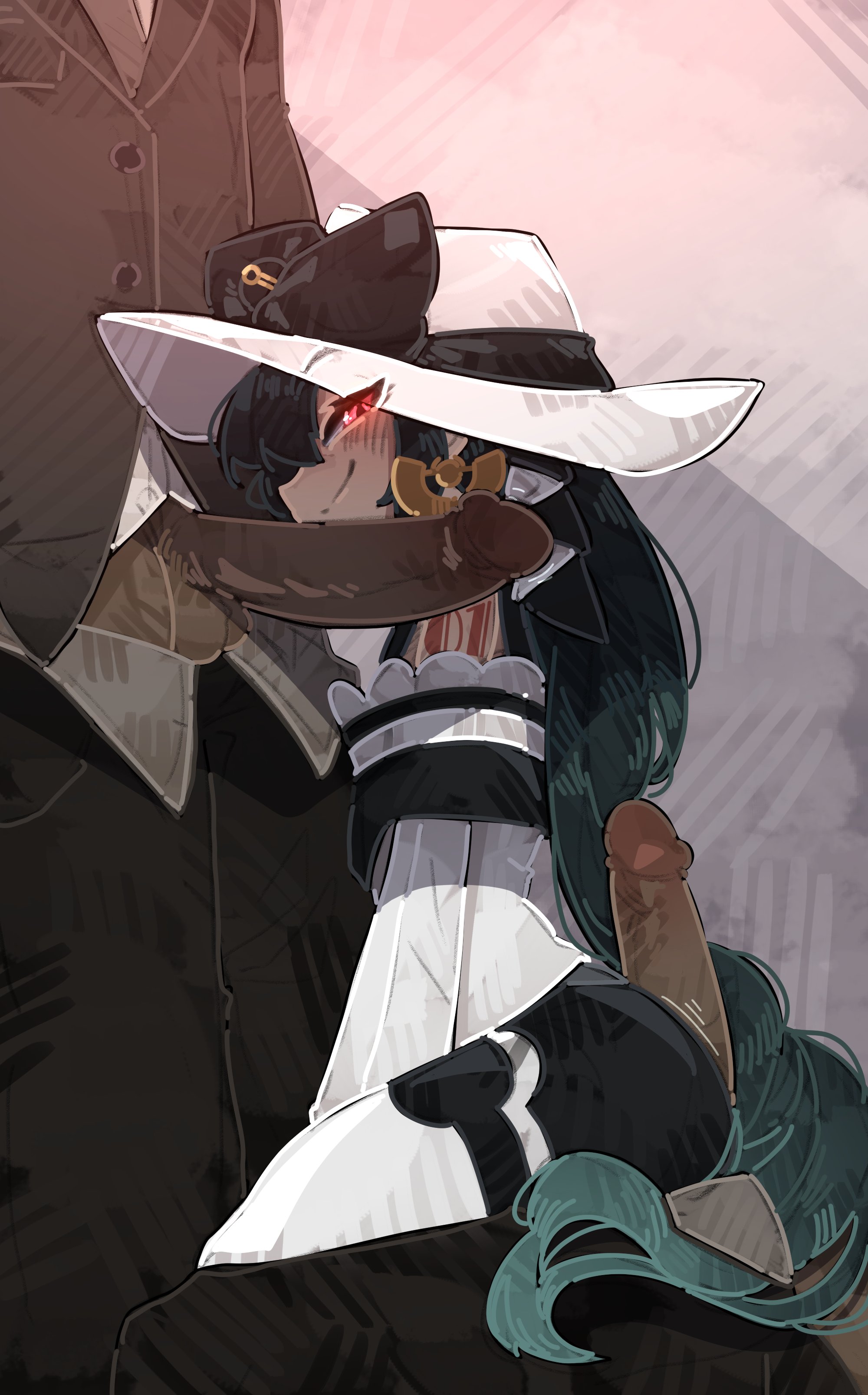 1boy, 1girl, 1girls, 2boys, ass, assjob, black hair, black pants, blush, braid, breasts, brown pants, bubble ass, bubble butt, crossover, dark skin, dark-skinned male, dress, earrings, female, from side, glowing eyes, green hair, hair over one eye, hat, hatsune miku, hatsune miku (dark-type trainer), heart, hetero, hi res, hot dogging, imminent fellatio, jewelry, large penis, light skin, light-skinned female, long hair, male, mmf threesome, naughty face, nintendo, pants, penis, penis on face, petite, petite body, pokemon, project voltage, red eyes, shuuko, sitting, small breasts, smile, smug, solo focus, sun hat, testicles, twintails, uncensored, unseen male face, very long hair, vest, vocaloid, white dress, white headwear