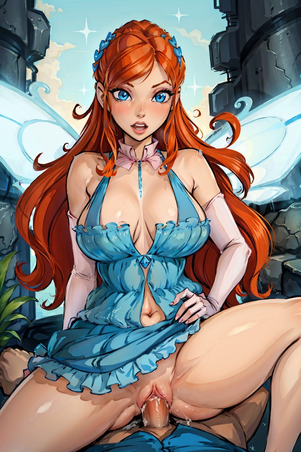 1boy 1girls 4kids_entertainment ai_generated bloom_(winx_club) blue_eyes clothed_sex cowgirl_position enchantix fairy female huge_breasts looking_at_viewer male nickelodeon partial_male penis public_nudity rainbow_(animation_studio) red_hair sex straight vaginal_penetration wings winx_club