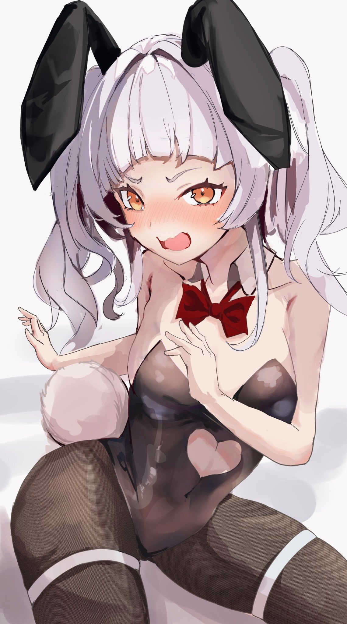 1girls, 2d, bare shoulders, belly, blush, breasts, bunny ears, bunnysuit, clothed, clothing, covered breasts, covered nipples, digital drawing (artwork), facing viewer, female, female focus, female only, front view, fully clothed, hair, hips, hololive, hololive gen 2, hololive japan, image, legs, legs apart, light skin, looking at viewer, murasaki shion, open eyes, open mouth, orange eyes, petite, short hair, shoulders, sitting, small breasts, sole female, stomach, thighs, virtual youtuber, waist, white hair
