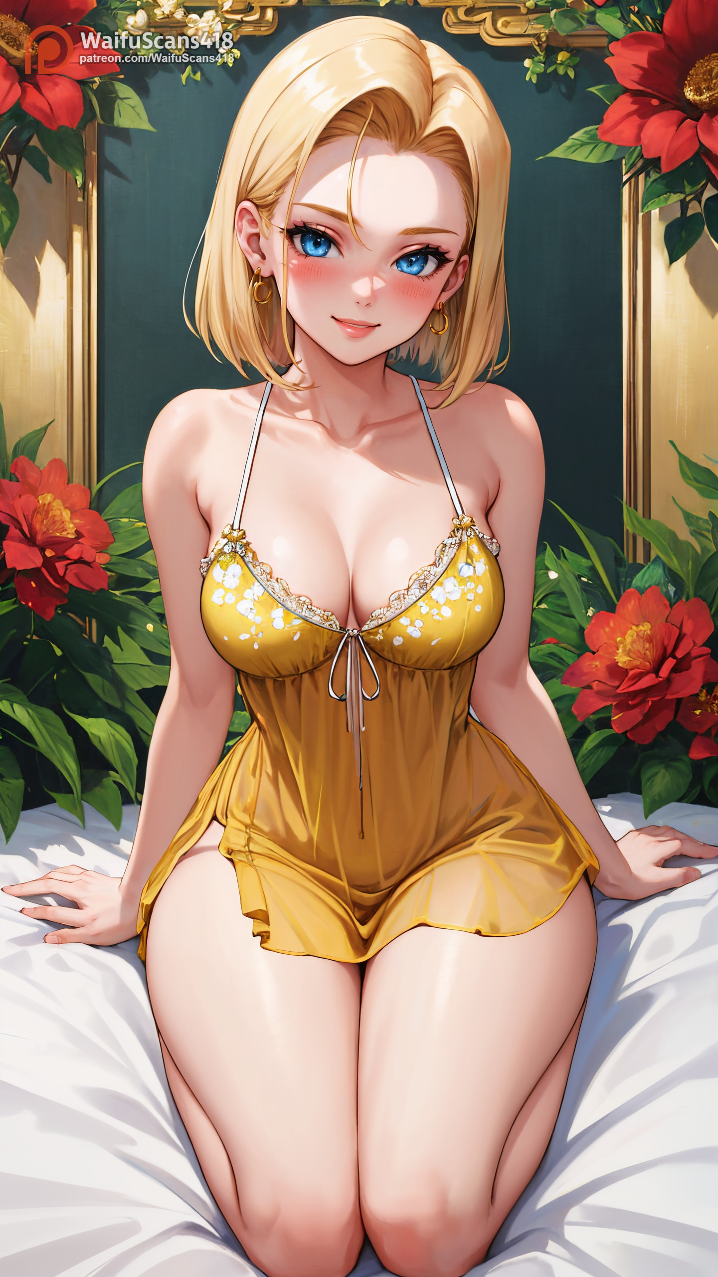ai generated, android 18, breasts, dragon ball, female, lingerie, stable diffusion, thick thighs, waifuscans418, wide hips
