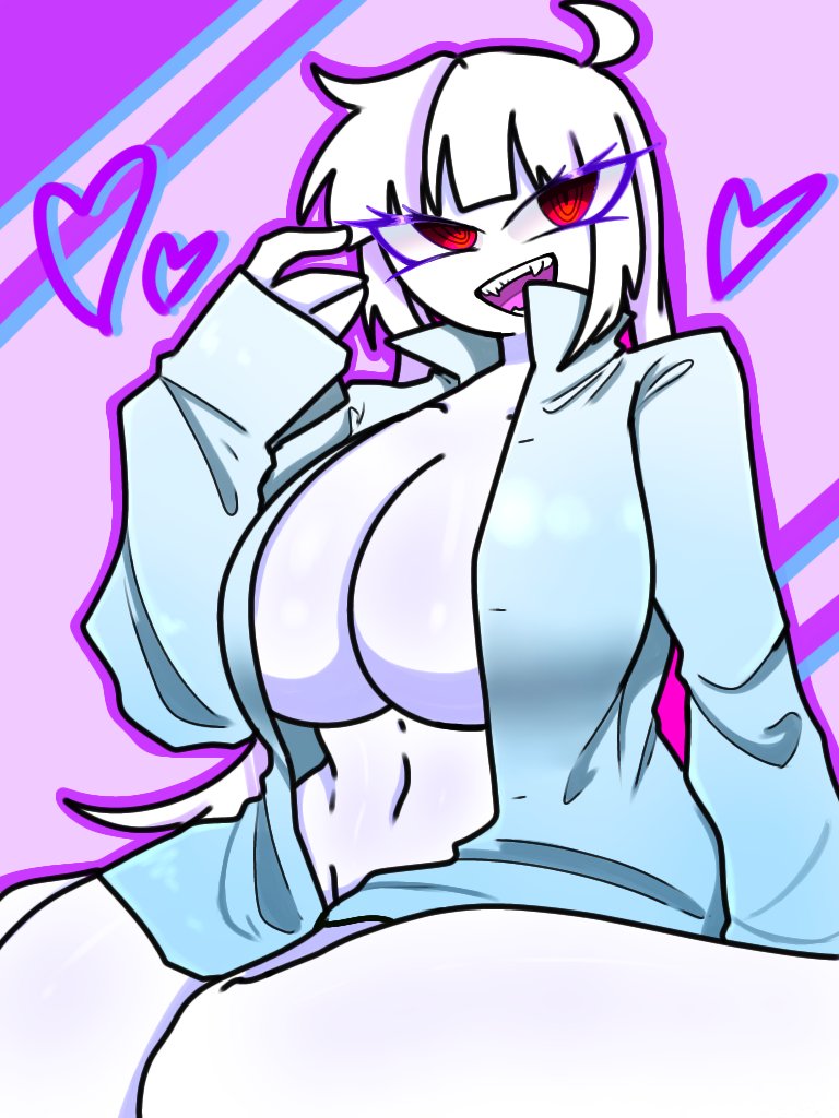 :d ahoge awooga big_breasts breasts collared_shirt cyan_shirt fnf_entity friday_night_funkin friday_night_funkin_mod heart large_breasts long_sleeves mommy nikusa_(sugarratio) open_mouth pink_background pink_hair purple_background senjounogomii thick_thighs thighs unbuttoned_shirt white_body white_hair