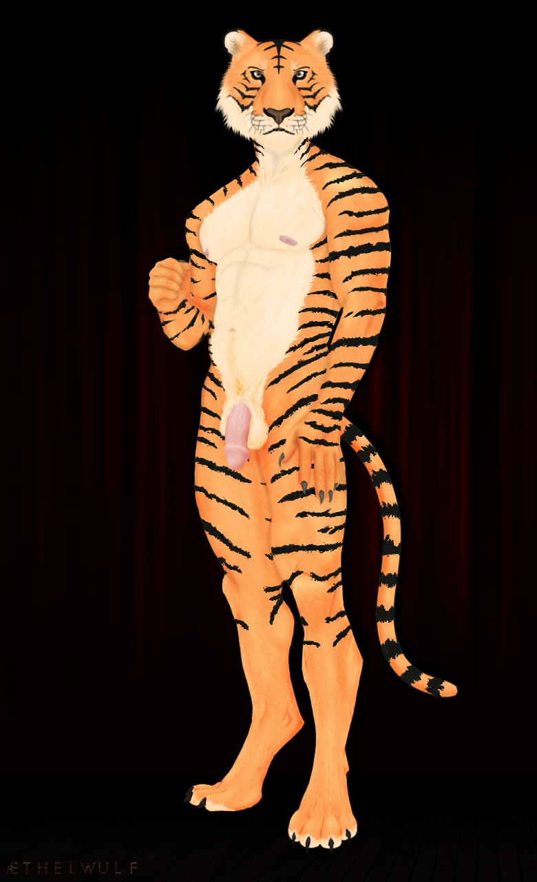 aethelwulf anthro beastars bigcat bill_(beastars) claws_out felid feline flaccid full-length_portrait fur genitals hi_res humanoid_genitalia male mammal manly markings masculinity muscular muscular_anthro muscular_male orange_body orange_fur pantherine penis portrait solo striped_markings stripes tan_body tan_fur tiger