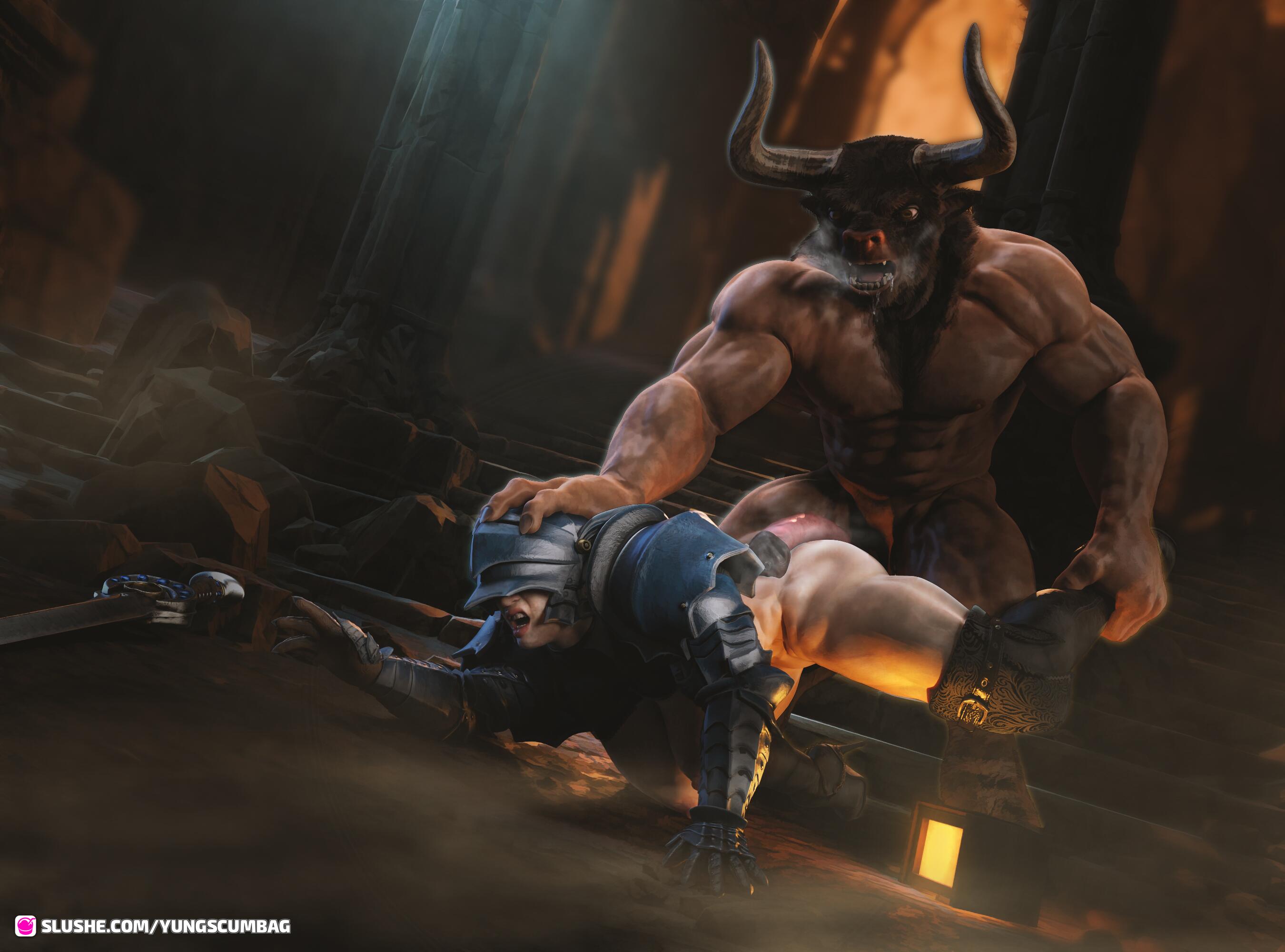 anthro, anthro on human, armor, ass, big ass, big breasts, big penis, breasts, brown fur, defeat, defeated, defeated heroine, detailed background, doggy style, domination, duo, erection, faceless character, faceless female, female, female knight, female on anthro, femsub, fur, genitals, horns, human, imminent sex, interspecies, knight, light skin, light-skinned female, male, male domination, male/female, maledom, minotaur, monster, muscular, muscular female, muscular male, muscular sub, nipples, nude, open mouth, partially clothed, penis, reaching for weapon, saliva, straight, submissive, submissive female, sword, teeth, weapon, yungscumbag