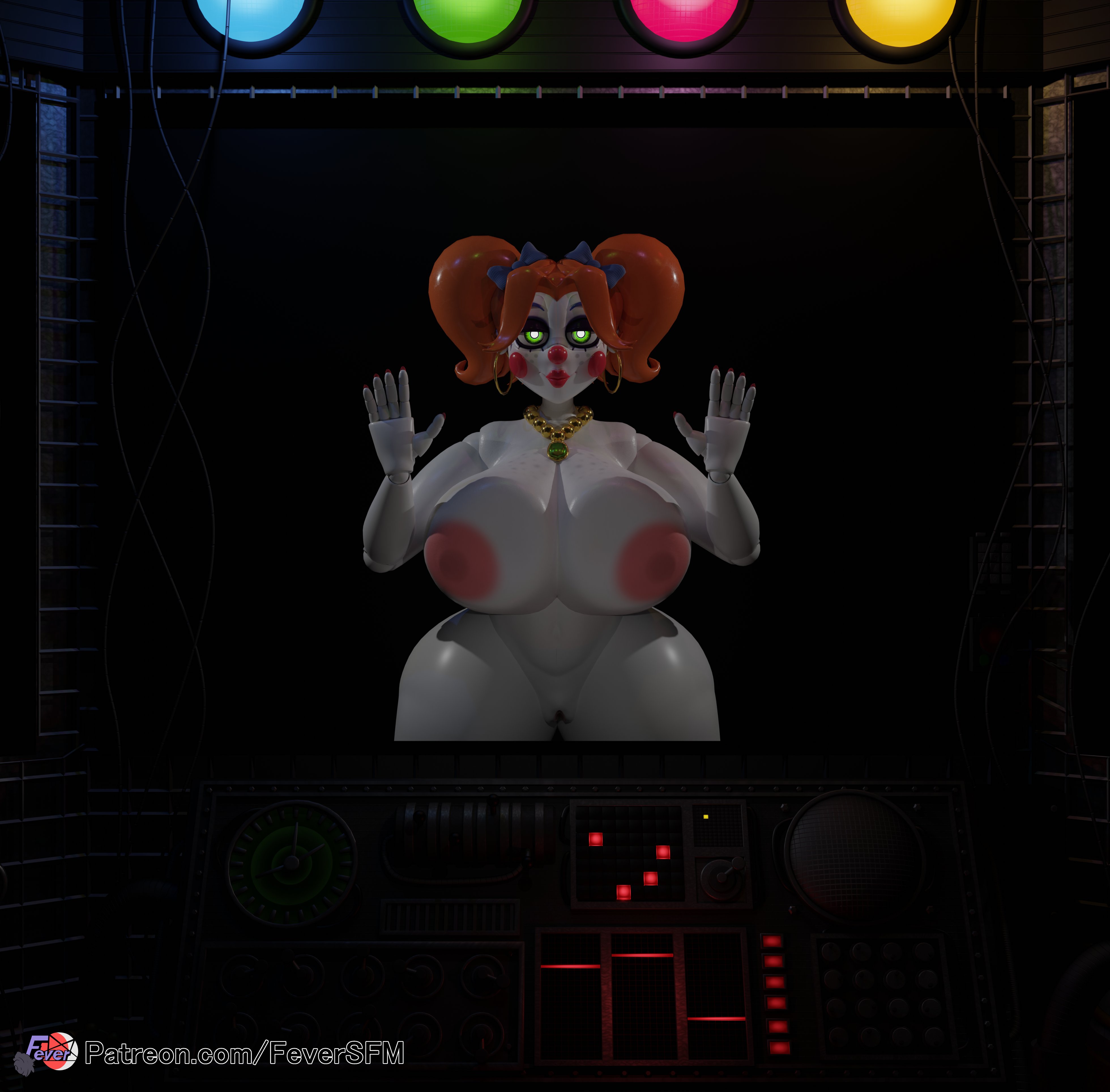 1girls, 3d, 3d (artwork), 3d model, animatronic, anthony blender, areolae, baby (fnafsl), big breasts, breast squish, breasts, breasts pressed against glass, circus baby, circus baby (fnaf), circus mommy, circus mommy 2.0 (anthony blender), earrings, eyebrows, eyelashes, female, female only, feversfm, five nights at freddy's, five nights at freddy's: sister location, fnaf, green eyes, large breasts, lipstick, looking at viewer, navel, nipples, orange hair, pink nipples, pussy, scottgames, sister location, solo, solo female, solo focus, thick thighs, thighs, twintails, white body, white skin, wide hips