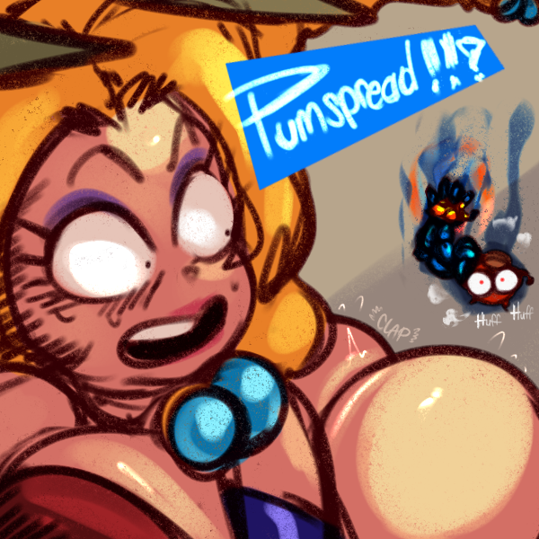 !!? 1girls 2023 big_breasts blonde_hair braid braided_hair breasts comic emily_(lemonadepikachu) english_text female female_focus huge_breasts imminent_spanking large_breasts muscular muscular_arms oc original original_character pumspread pumspread_(character) shocked shocked_expression shocked_eyes text yellow_hair