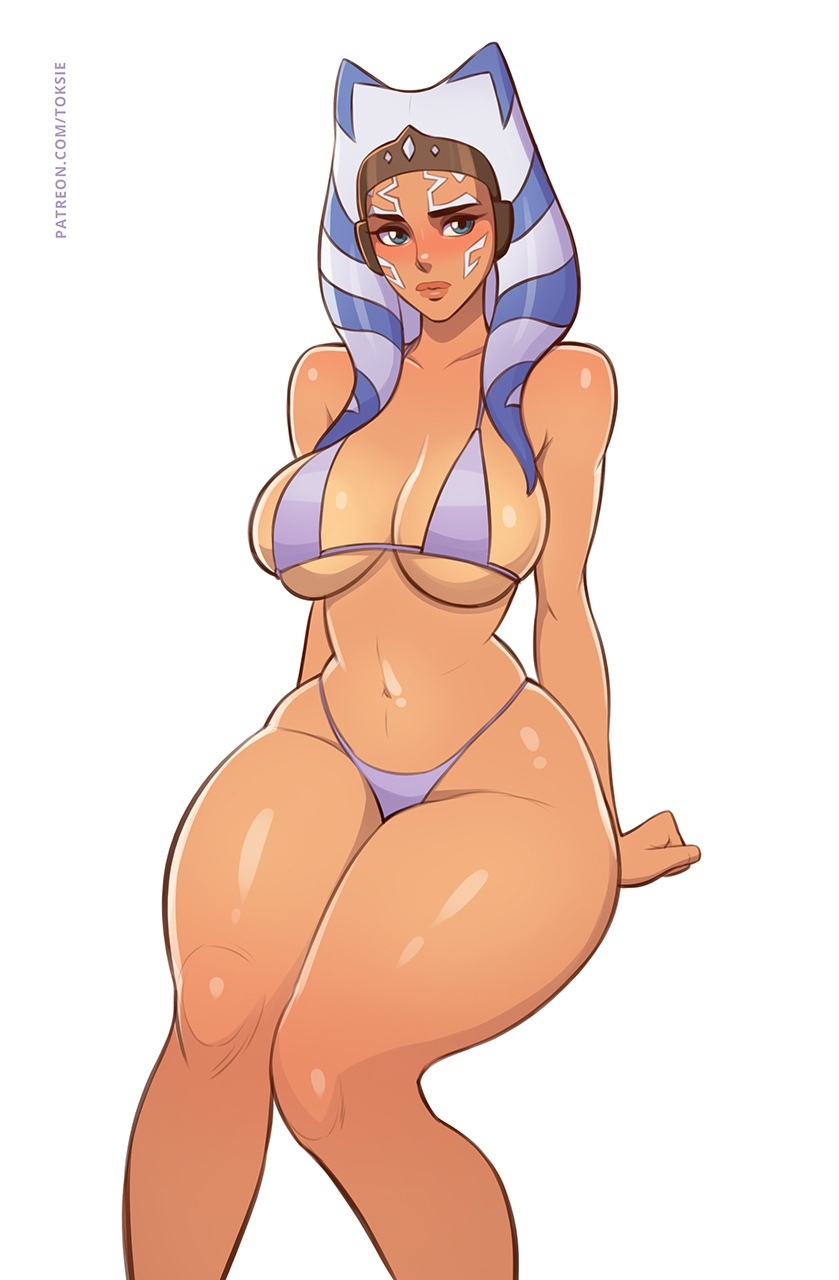 1girls, ahsoka tano, alien girl, big breasts, bikini, blue eyes, blush, breasts, cleavage, female, female only, huge breasts, orange skin, panties, solo, star wars, thick thighs, togruta, toksie, voluptuous