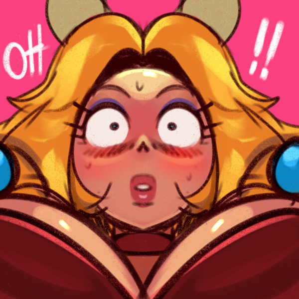 1girls 2023 big_breasts blonde_hair blush braid braided_hair breasts comic emily_(lemonadepikachu) english_text female female_focus huge_breasts large_breasts oc original original_character pink_background pumspread shocked shocked_expression shocked_eyes text wide_eyed yellow_hair