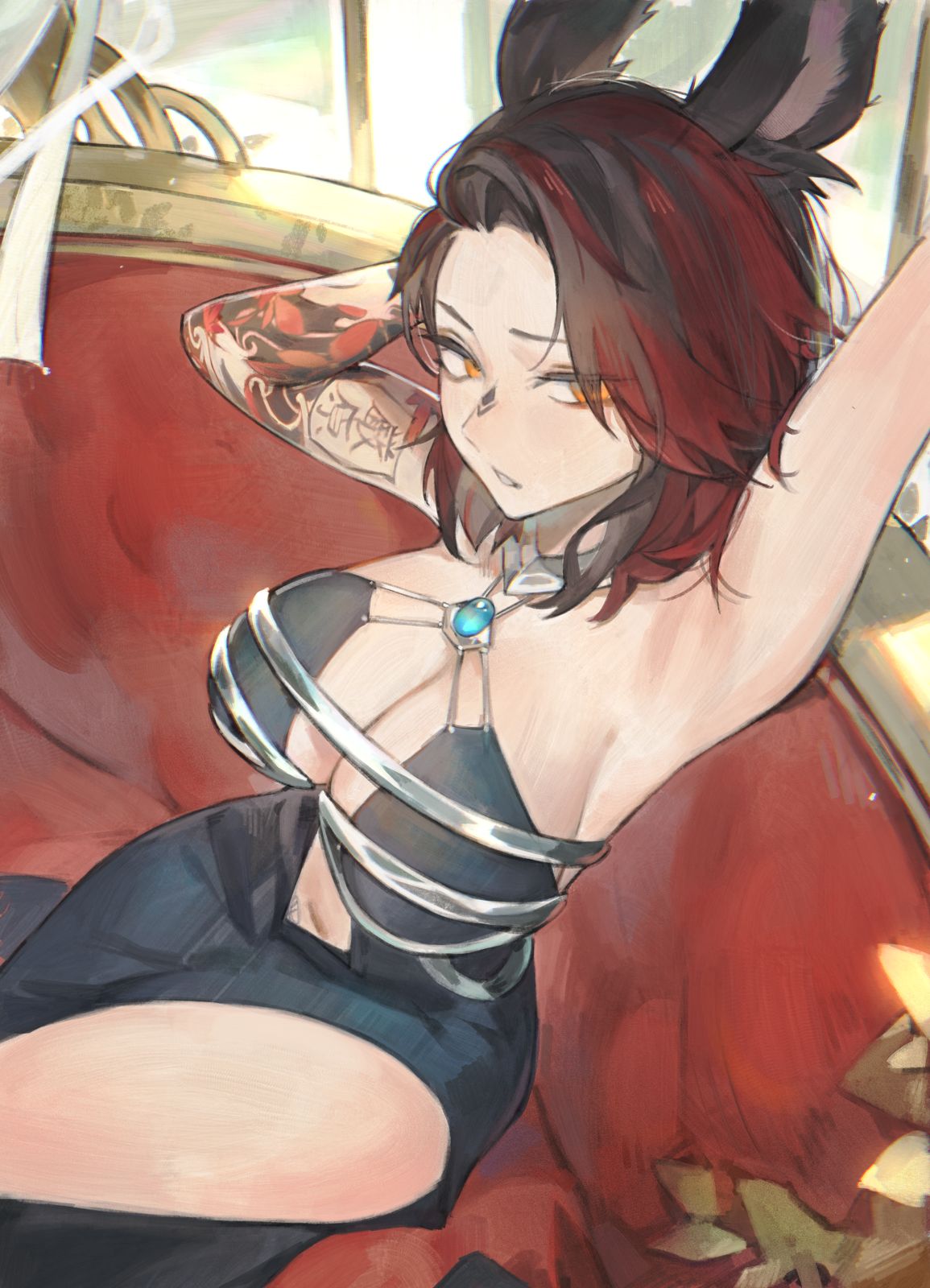 bunny_ears bunny_girl dress final_fantasy_xiv lucadark tagme tattooed_arm viera