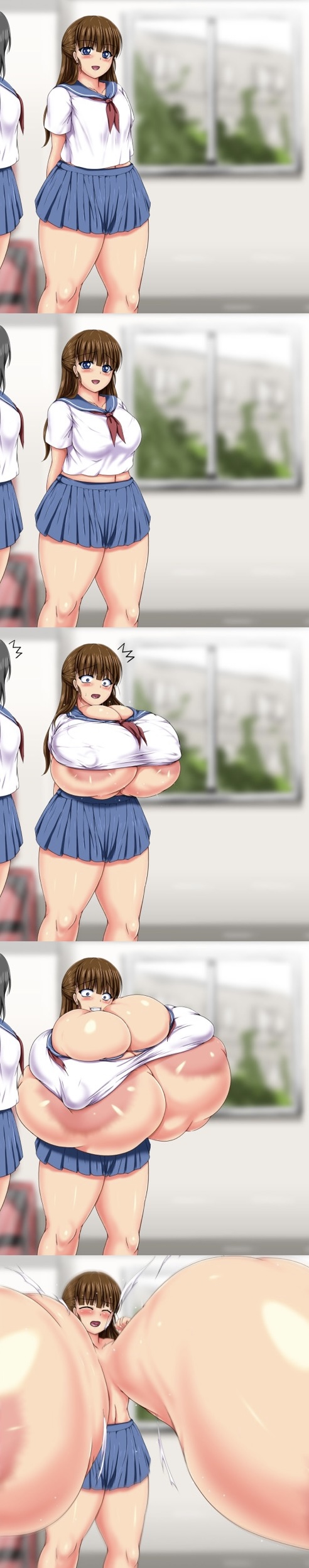 areolae breast_expansion bursting_breasts chubby_female cleavage cleavage_overflow enormous_breasts hyper_breasts massive_breasts no_bra panels piyokorota school_uniform tagme underboob