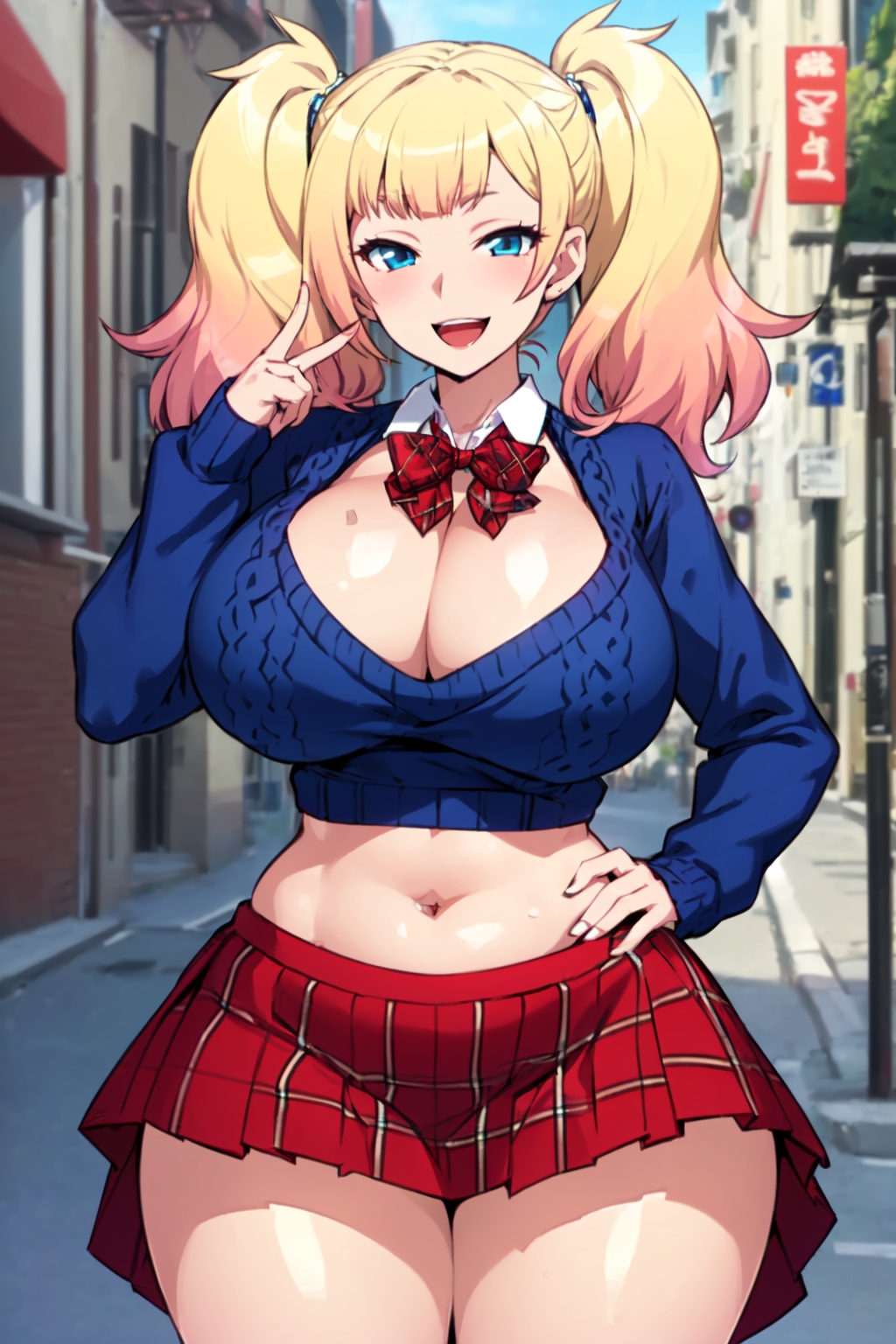 1girls ai_generated big_breasts blonde_hair blue_clothing blue_eyes blue_sweater bowtie breasts cleavage collar gradient_hair gyaru half-closed_eyes huge_breasts jk_bitch_ni_shiboraretai joy_ride large_breasts long_sleeves medium_hair midriff milkersenjoyer navel open_mouth open_smile outdoors pink_hair plaid_skirt red_bowtie red_skirt school_uniform skirt slim_waist slut smile solo solo_focus street sweater thick_thighs thighs two_tone_hair v white_collar yariko