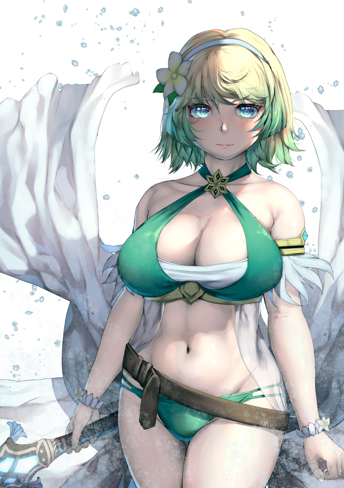 1girls alternate_costume belt bikini blonde_hair blue_eyes breasts criss-cross_halter feather_trim female female female_only fire_emblem fire_emblem_heroes fjorm_(fire_emblem) fjorm_(summer)_(fire_emblem) flower flower_hairband gradient_hair green_bikini green_hair green_swimsuit hair_flower hair_ornament halterneck harihisa looking_at_viewer multicolored_hair nintendo official_alternate_costume short_hair solo swimsuit