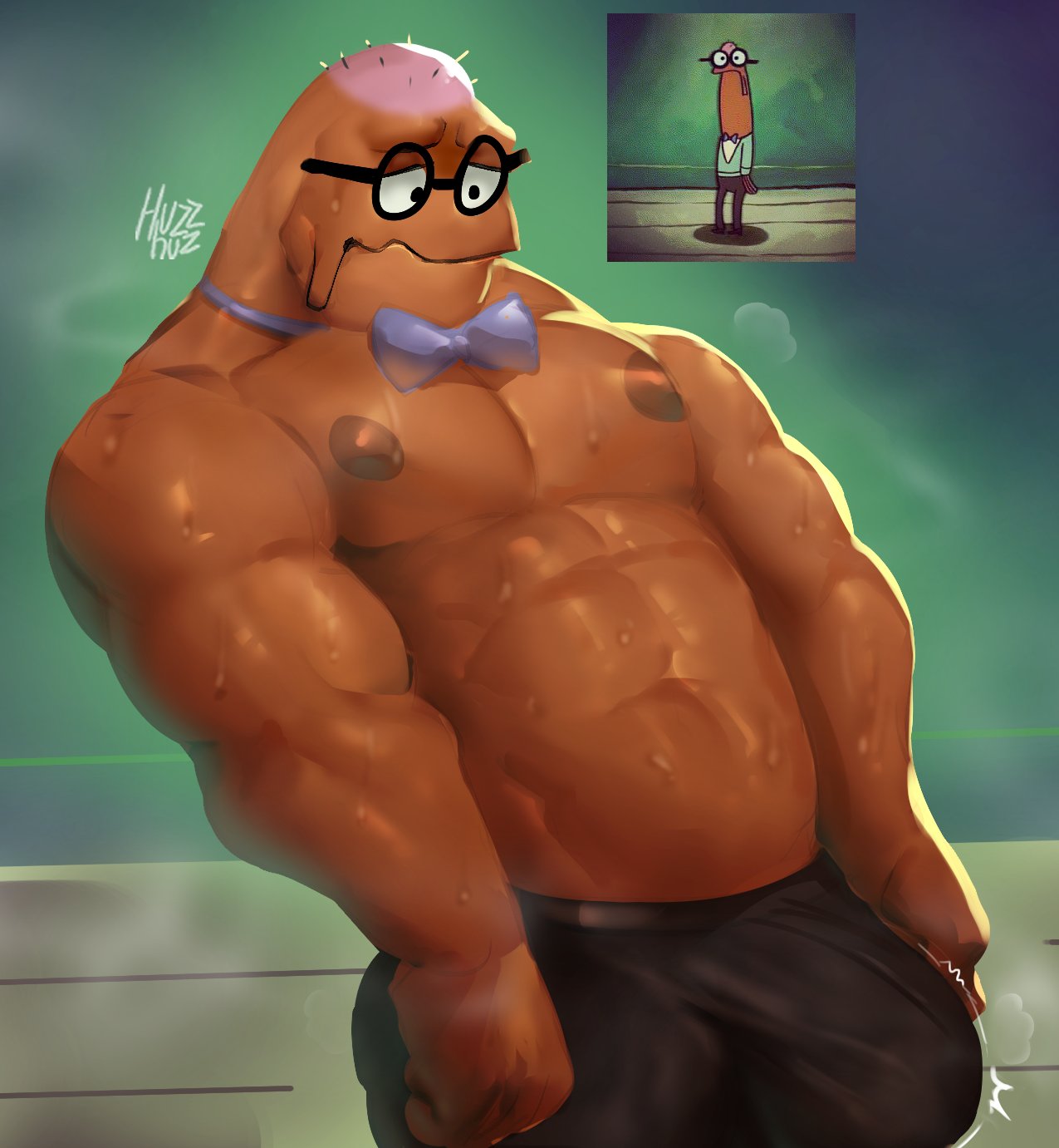 anthro bald barazoku big_bulge bodily_fluids bow_tie bulge clothed clothing detailed_bulge erection erection_under_clothing excessive_sweat eyewear fish glasses hi_res huzzhuz leaning leaning_back looking_at_bulge male marine muscular muscular_male musk musk_clouds nerd nickelodeon nipples octavius_rex pecs reference_image solo spongebob_squarepants straining sweat sweaty_abs tenting topless