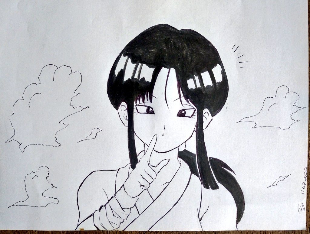 black_and_white black_eyes black_hair clothed clothed_female clouds dragon_ball_af fanmade gripi_(dragon_ball_af) one_female saiyan saiyan_girl surprised tagme traditional_art traditional_media traditional_media_(artwork) yamidanight