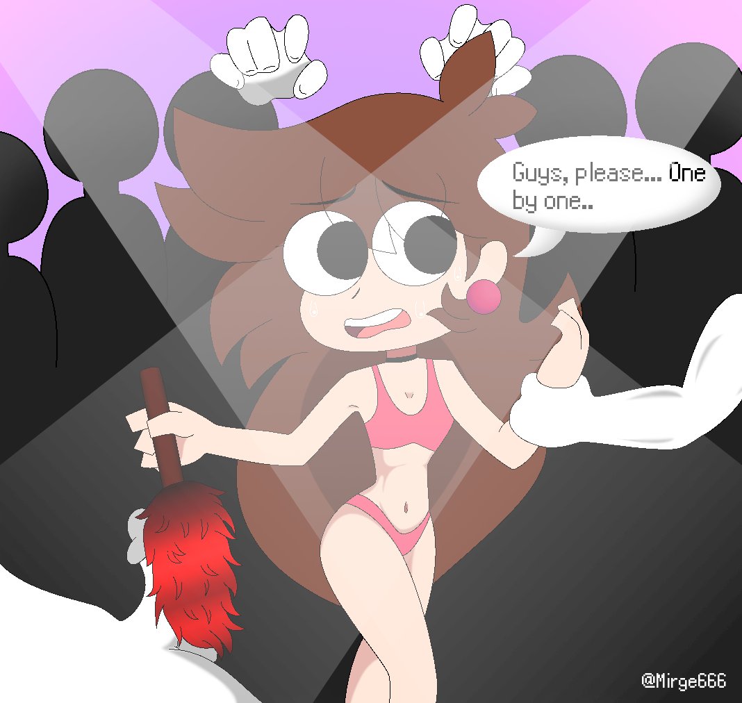 1girls 2023 3boys big_eyes bikini brown_hair commentary english_text grabbing_arm mirge666 nervous penis red_brush shannon_gurr shgurr tagme white_body youtube youtuber