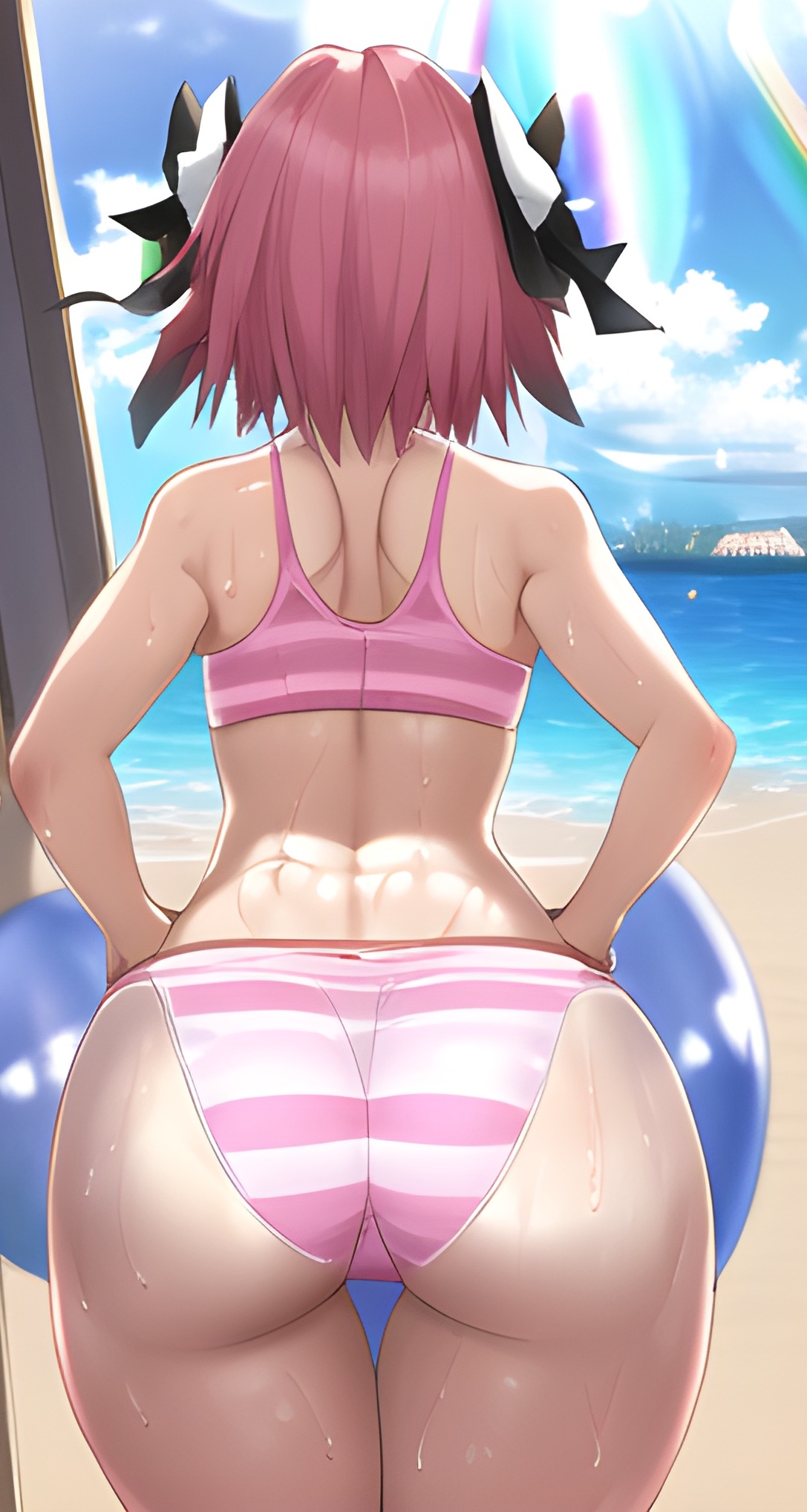 1boy, ai generated, ass, ass focus, astolfo (fate), balloon, beach, big ass, big butt, bulge, fate (series), fate/apocrypha, fate/grand order, femboy, girly, male, male only, novelai, ocean, pink hair, pov, rainbow, shorts, smile, smiling, smiling at viewer, spandex, spandex shorts, wet, wet clothes