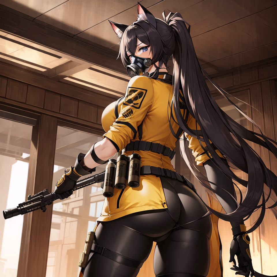 1girls ai_generated armageddon_steel_legion astra_militarum big_ass big_butt black_hair blue_eyes bubble_butt cat_ears catgirl feline felinid female female_only gas_mask guardswoman_(warhammer_40k) gun imperial_guard imperium_of_man large_ass large_butt long_hair military military_uniform solo solo_female unstable_diffusion warhammer_(franchise) warhammer_40k yellow_clothes yellow_clothing