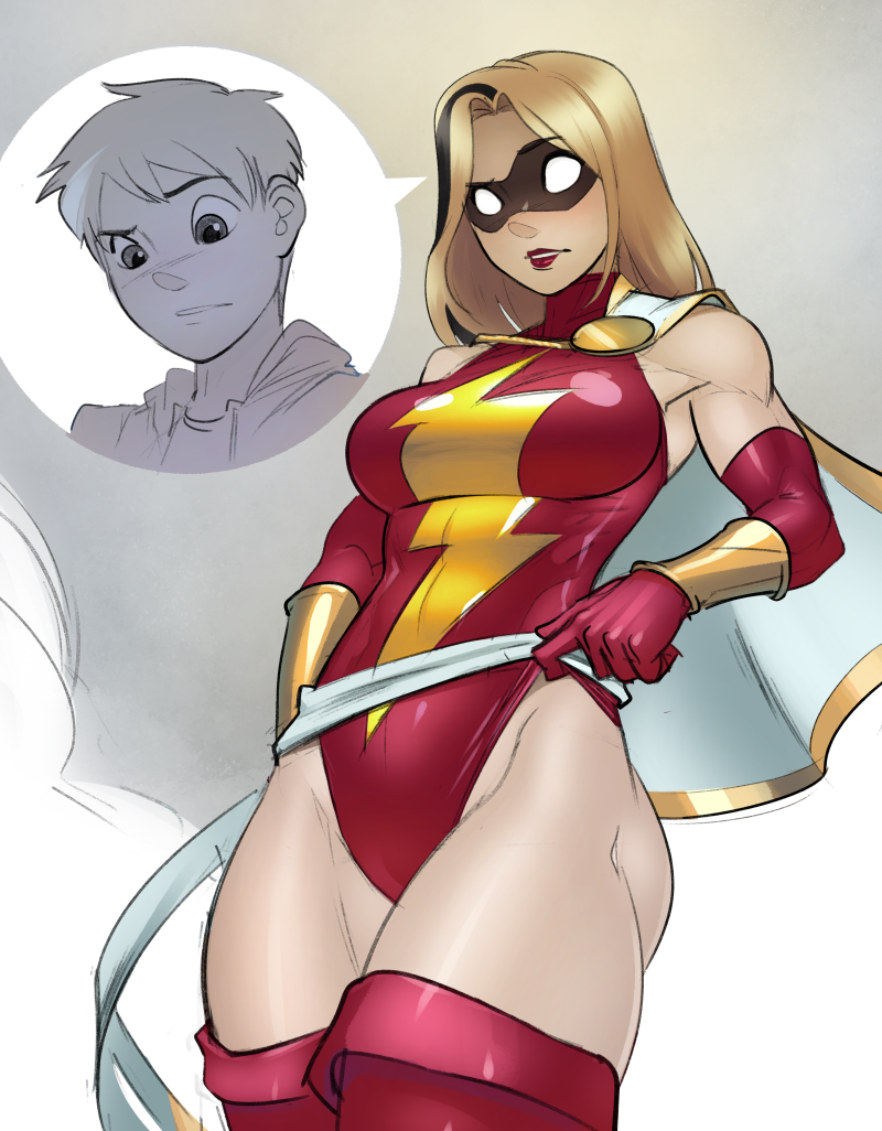 amalgam amalgamation billy_batson blonde_hair body_swap crossover dc dc_comics gender_transformation genderswap_(mtf) human human_only leotard marvel marvel_comics miss_shazam ms._marvel ms._marvel_(carol_danvers) psudonym rule_63 shazam solo superheroine